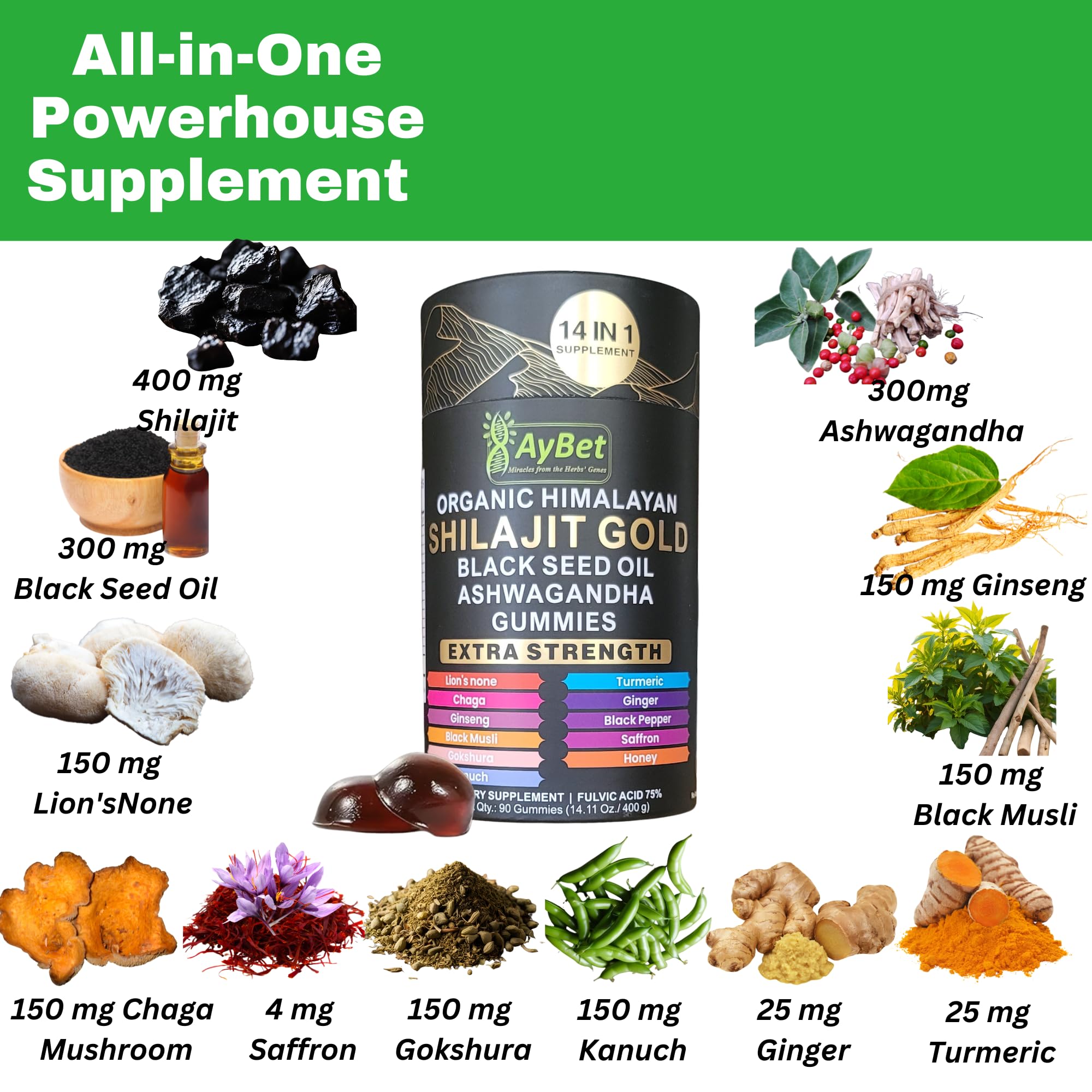 AyBet Organic Himalayan Shilajit Gold Gummies for Men and Women, Black Seed Oil, Ashwagandha, Ginseng, Turmeric, Gokshura, Lion's None, Lab Tested,%75 Fulvic Acid, No Sugar Added, Halal, 90Gummy AyBet Au supplements