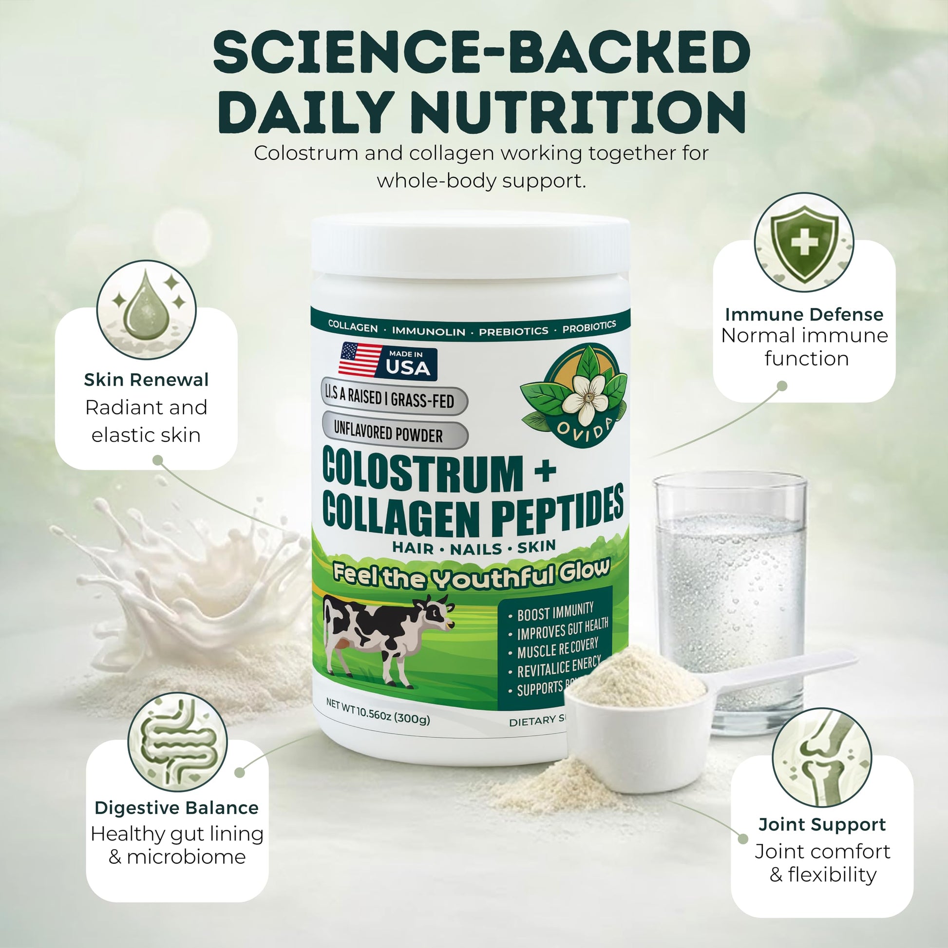 Bovine Colostrum and Hydrolyzed Collagen Peptides Powder Supplement for Women & Men - Supports Gut Health, Joint & Bone Health, Hair Skin Nails - Grass-Fed, Non-GMO, Gluten Free, 300g (30 Servings) OVIDA Au supplements