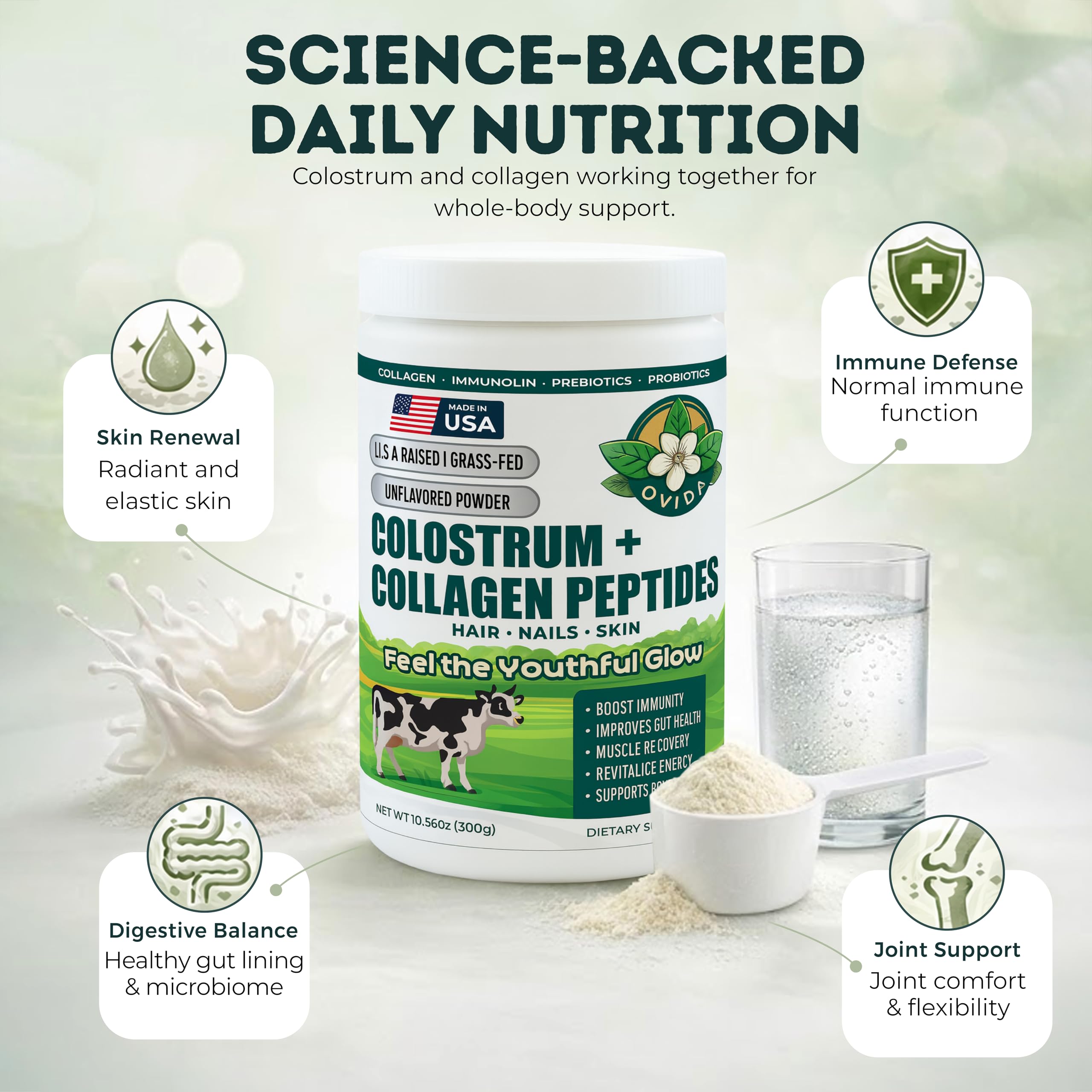 Bovine Colostrum and Hydrolyzed Collagen Peptides Powder Supplement for Women & Men - Supports Gut Health, Joint & Bone Health, Hair Skin Nails - Grass-Fed, Non-GMO, Gluten Free, 300g (30 Servings) OVIDA Au supplements