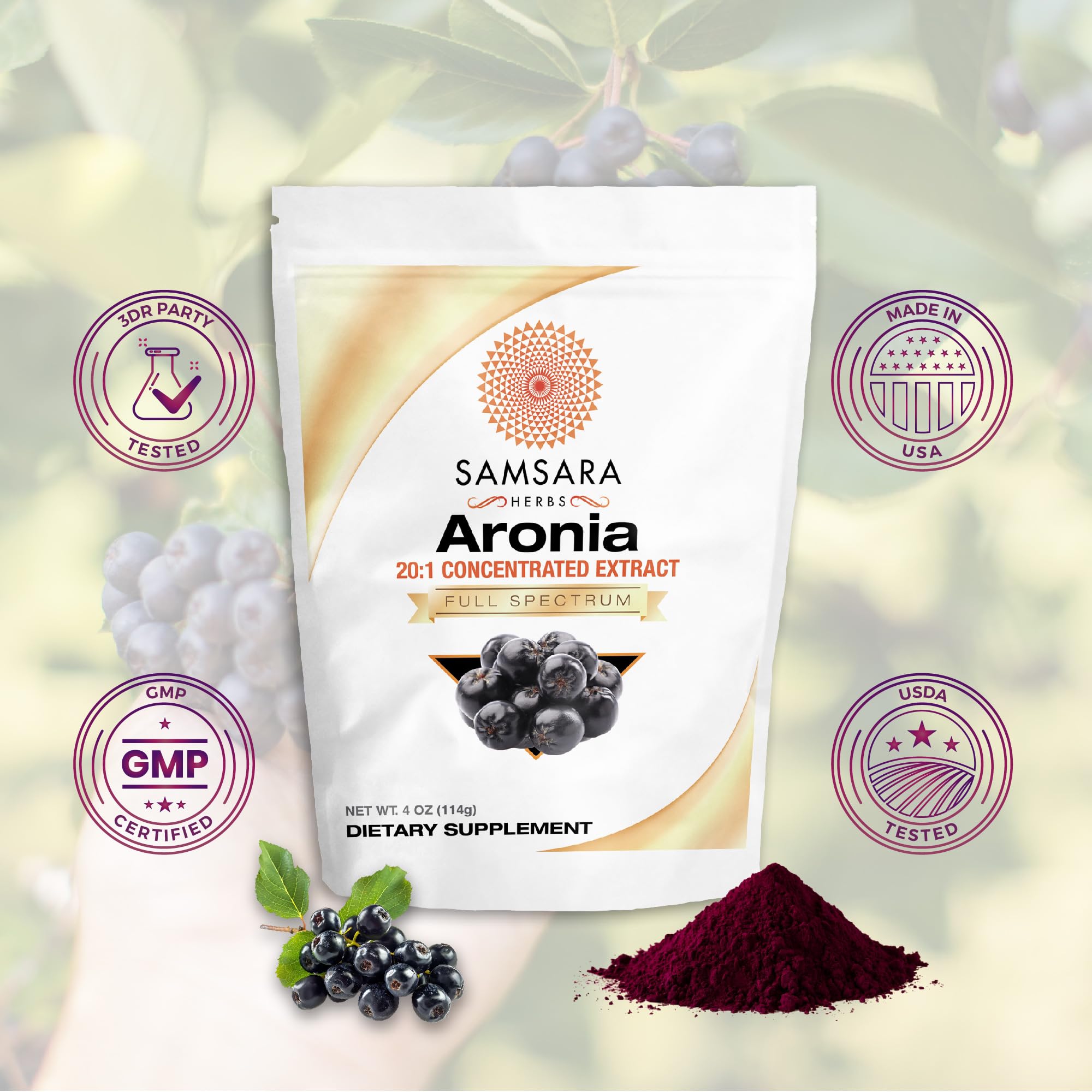Samsara Herbs Aronia Berry 20:1 Extract Powder (16oz/454g) - Antioxidant, Flavonoids and Polyphenols Supplement - High ORAC - Native American Berry - Improved Wellbeing Samsara Herbs Au supplements