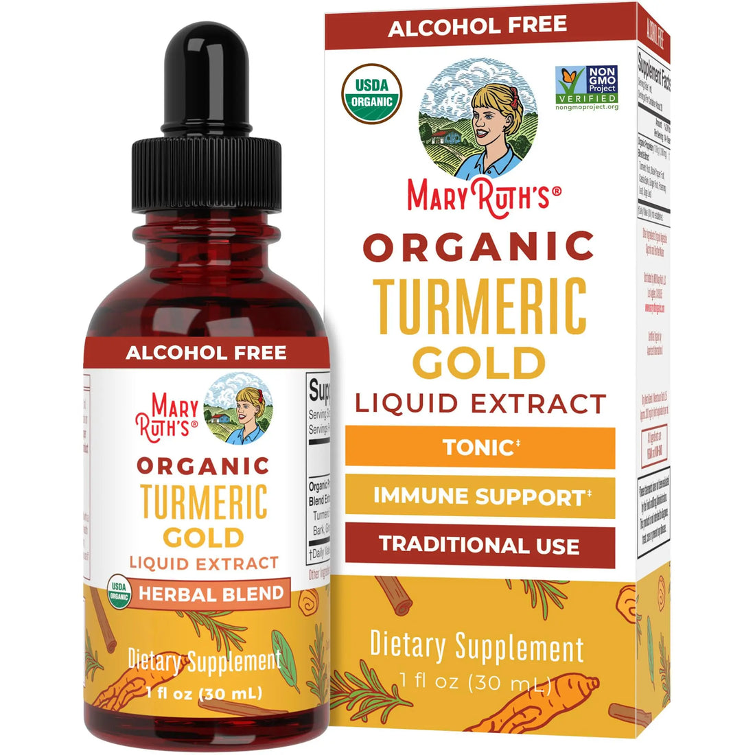 MaryRuth Organics USDA Turmeric Gold Liquid Drops | Herbal Blend | Turmeric Curcumin | Black Pepper | Cassia Cinnamon Bark | Ginger Root | Immune Support | Non-GMO Project Verified | Vegan | 1oz MARYRUTH'S Au supplements