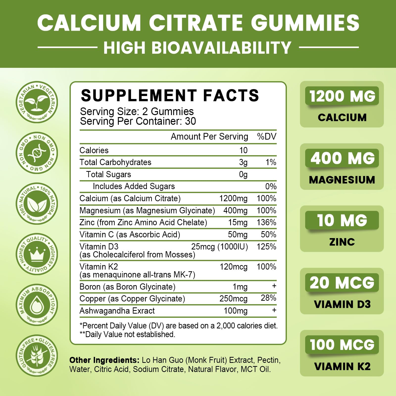 Calcium Citrate Gummies for Women, 1200mg Calcium Citrate Magnesium with Vitamin C D3 K2, Absorption Calcium Supplements for Bone, Muscle, Immune, Sugar Free (120Count) GONGOTA Au supplements