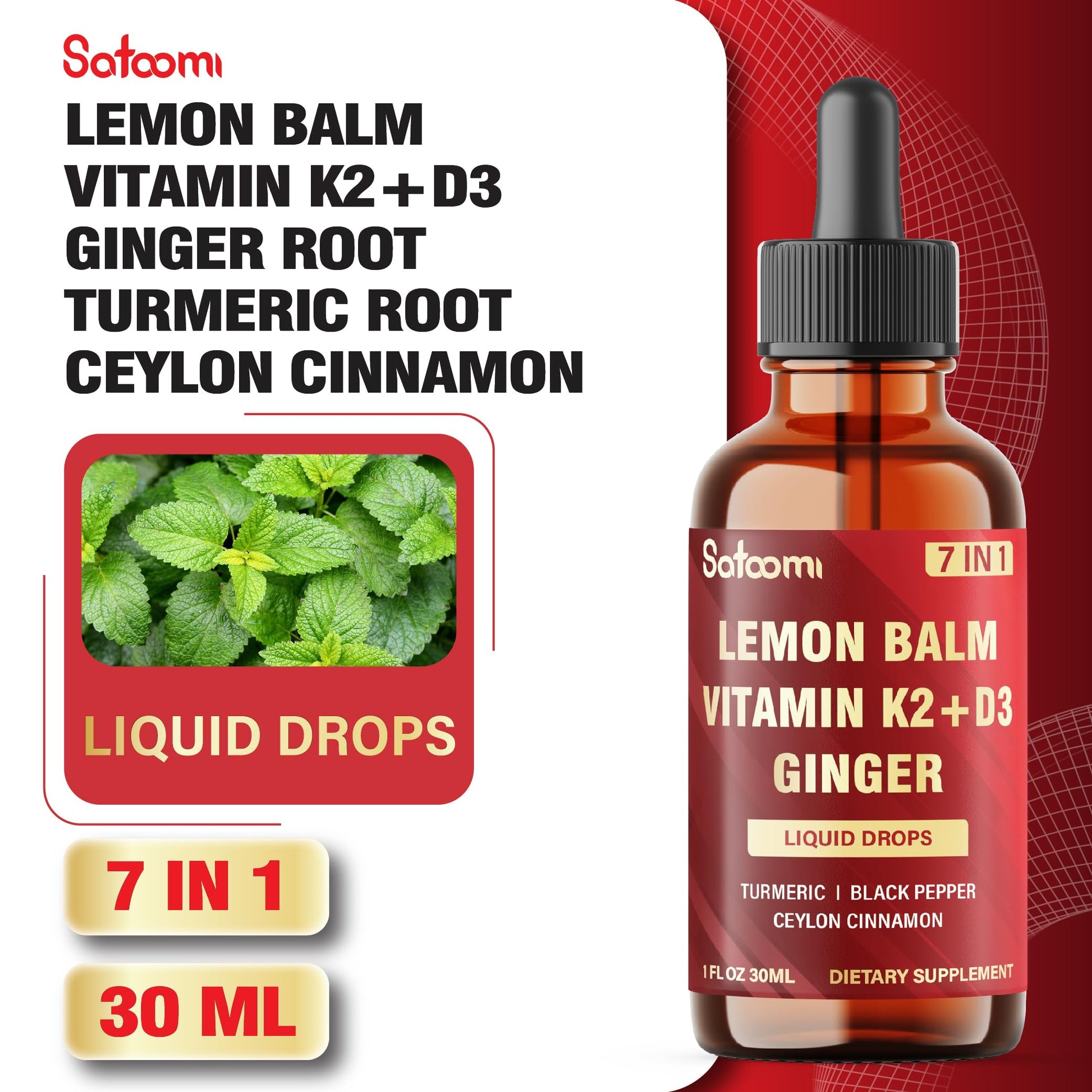 Satoomi 7in1 Lemon Balm Tincture with Vitamin D3, Vitamin K2, Ginger Root, Turmeric, Ceylon Cinnamon and Black Pepper - 1 FL Oz - 60 Day Supply Satoomi Au supplements