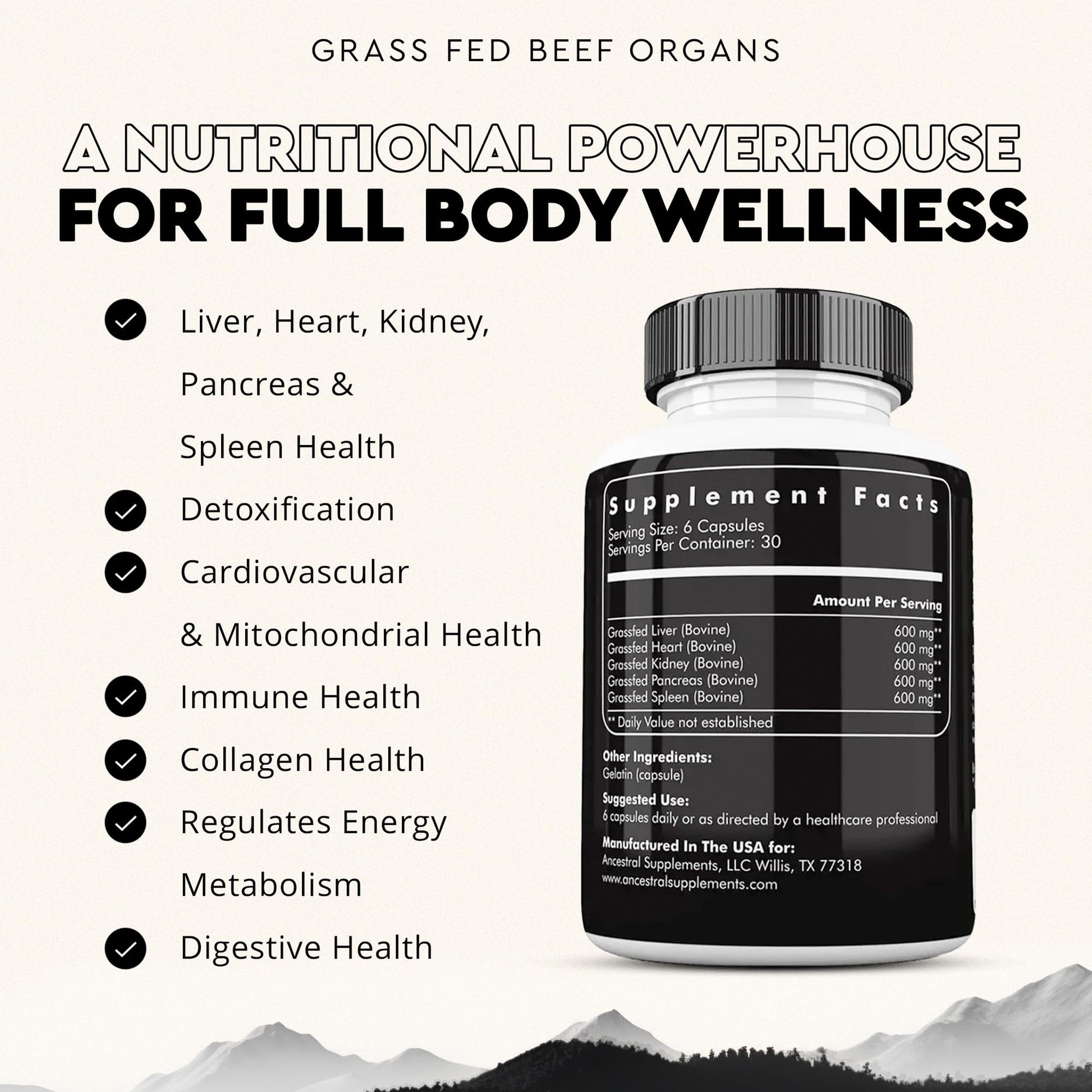 Ancestral Supplements Grass Fed Beef Organ Supplement, Supports Whole Body Wellness with Proprietary Blend of Liver, Heart, Kidney, Pancreas, Spleen, Freeze-Dried Beef, Non-GMO, 180 Capsules Ancestral Supplements Au supplements