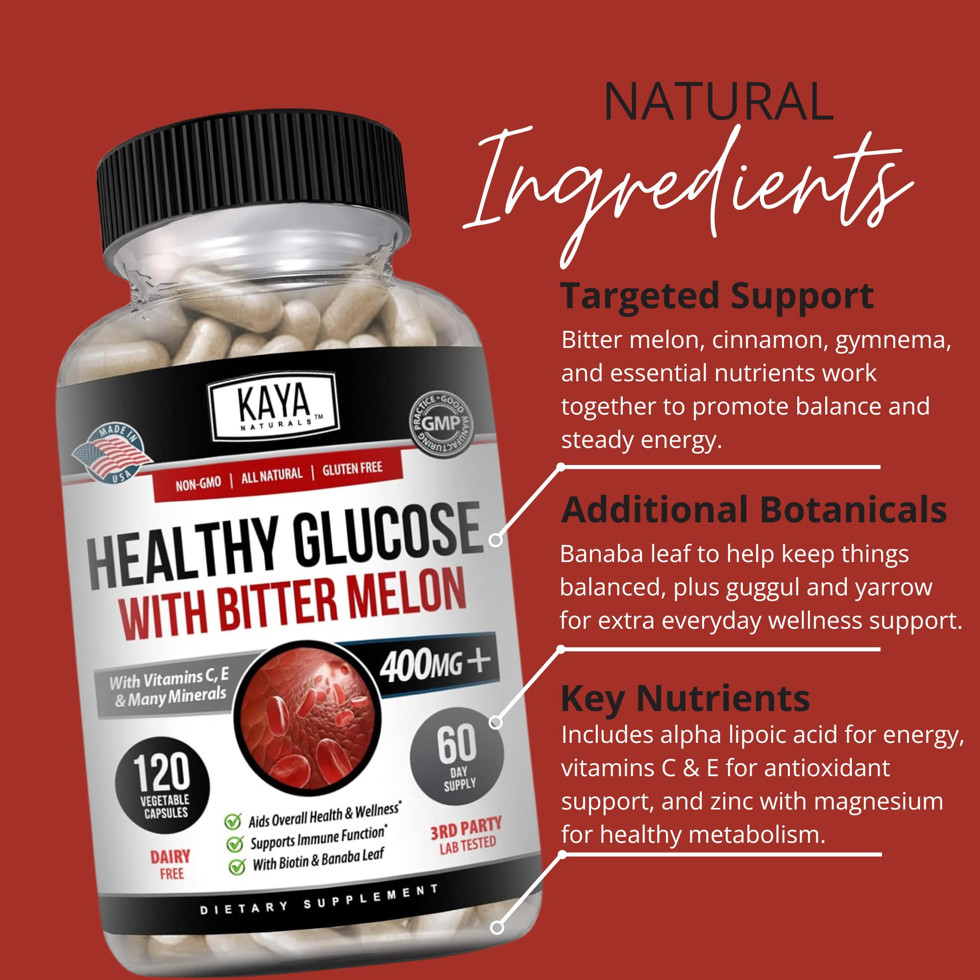 Kaya Naturals Healthy Gluco with Bittermelon Supplement | Support Healthy Levels and Function, 20 Herbs Vitamins and Minerals, Alpha Lipoic Acide, Cinnamon, Vitamin C & E, Non-GMO (120 Count) Kaya Naturals Au supplements