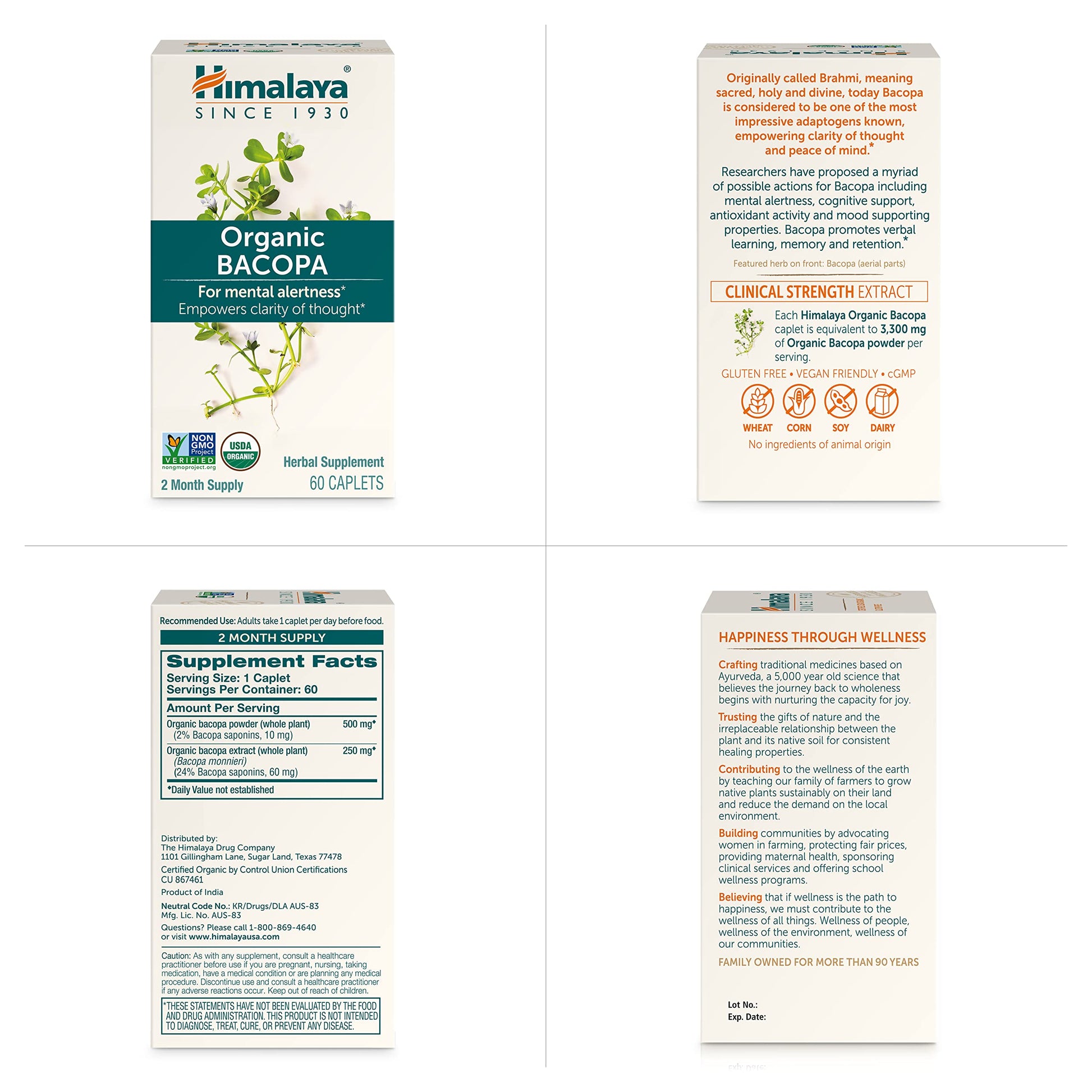 Himalaya Bacopa Monnieri Nootropic Herbal Supplement, Supports Calm, Memory, Cognition, USDA Certified Organic, Non-GMO, 750 mg, 60 Plant-Based Caplets, 60 Day Supply Himalaya Au supplements