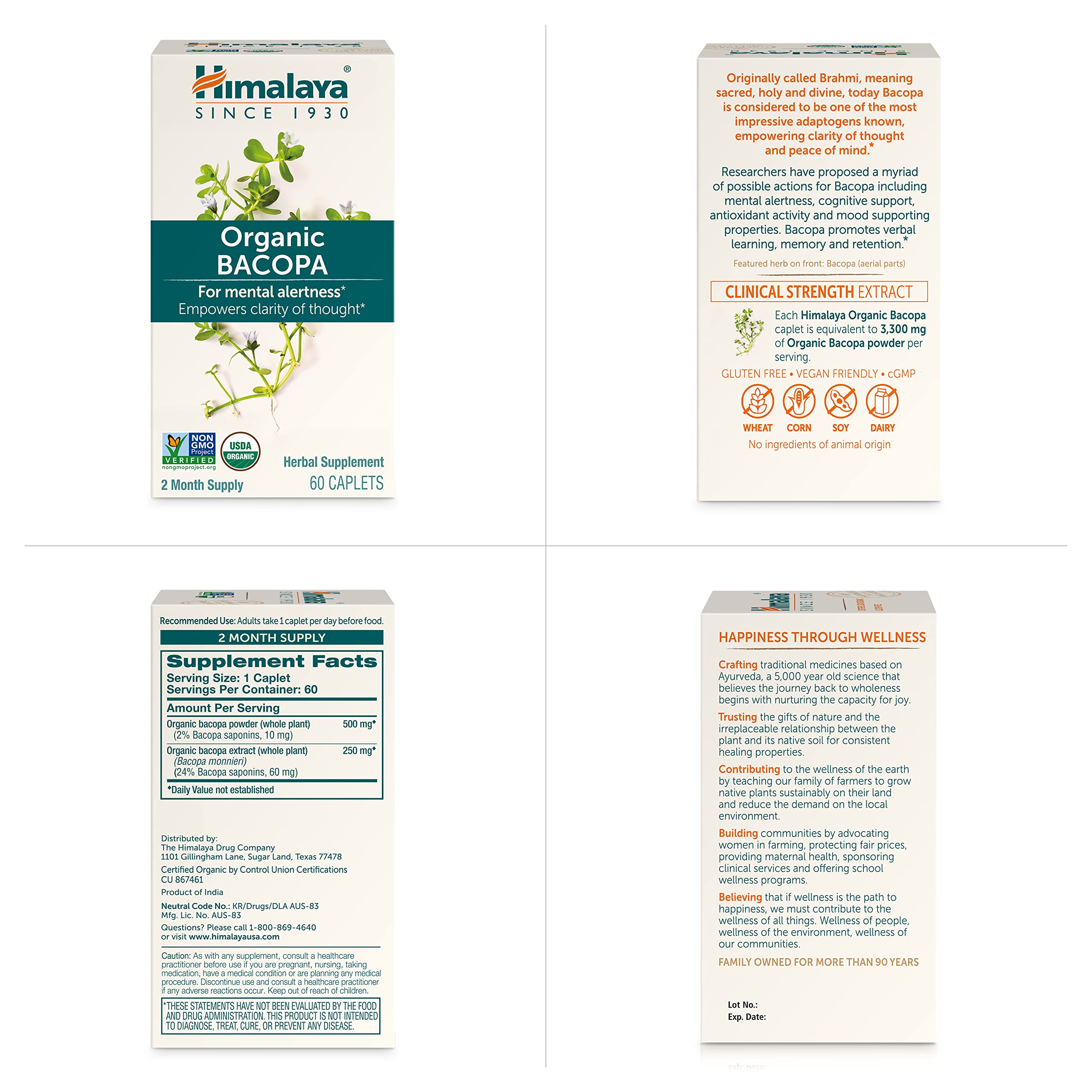 Himalaya Bacopa Monnieri Nootropic Herbal Supplement, Supports Calm, Memory, Cognition, USDA Certified Organic, Non-GMO, 750 mg, 60 Plant-Based Caplets, 60 Day Supply Himalaya Au supplements