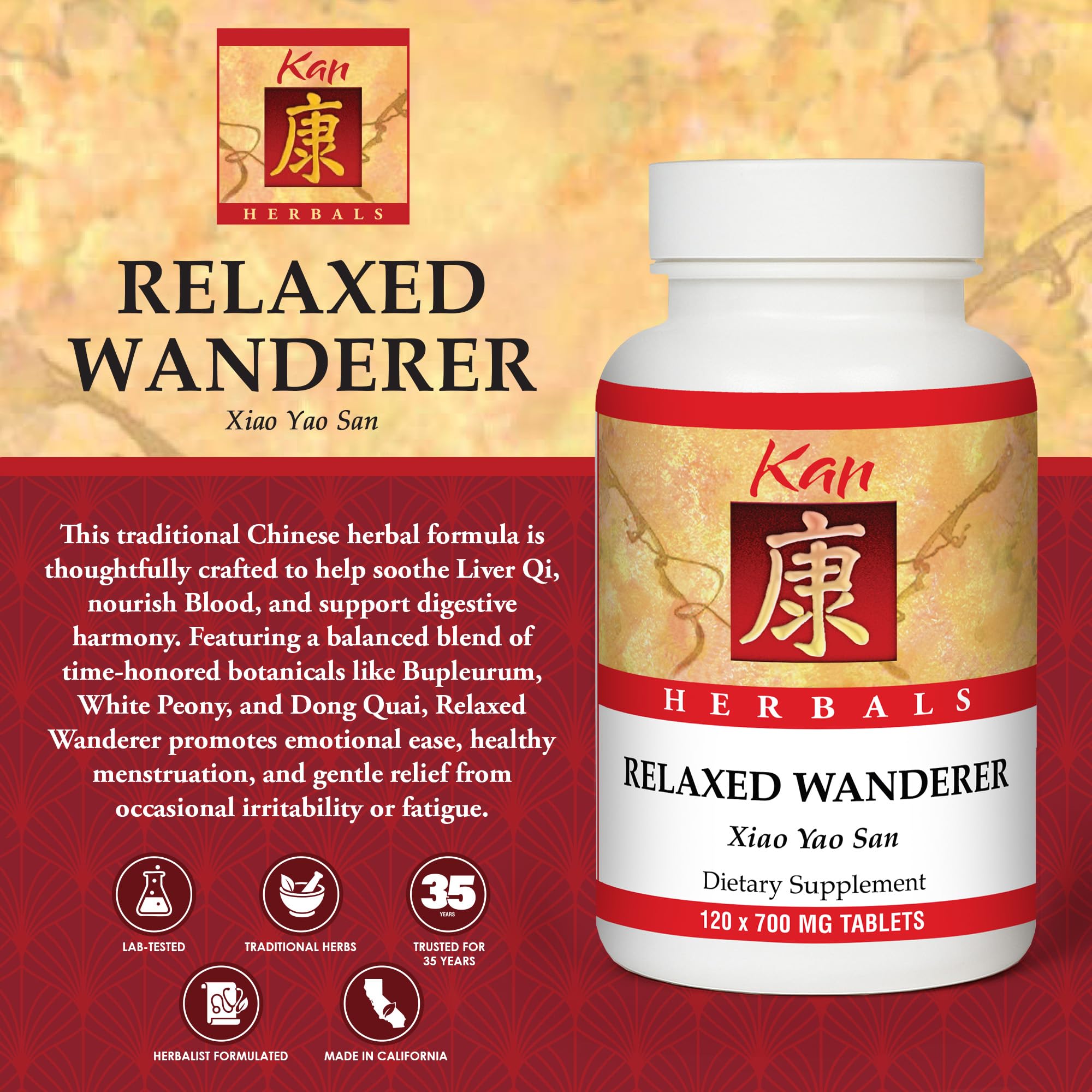 Kan Herbs Company Relaxed Wanderer – Traditional Chinese Herbal Formula to Support Mood, Digestion, and Menstrual Balance, Nourishes Blood, Eases Occasional Tension and Fatigue, 120 Tablets Kan Herb Au supplements