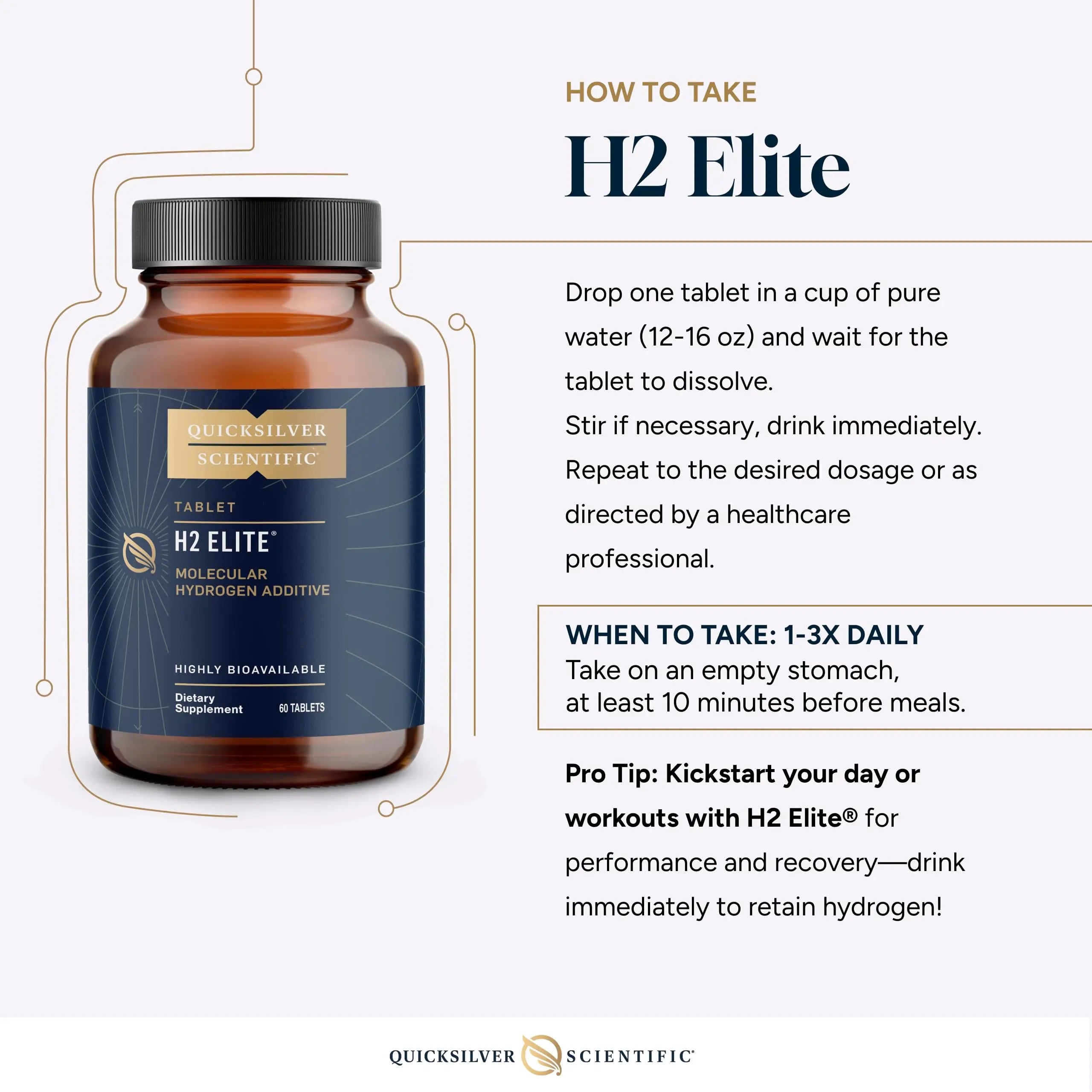 Quicksilver Scientific H2 Elite - Molecular Hydrogen for Energy + Metabolism Support, Water Tablets Perfect for Open Containers - Magnesium Malate Drink Additive (60 Molecular Hydrogen Tablets) Quicksilver Scientific Au supplements