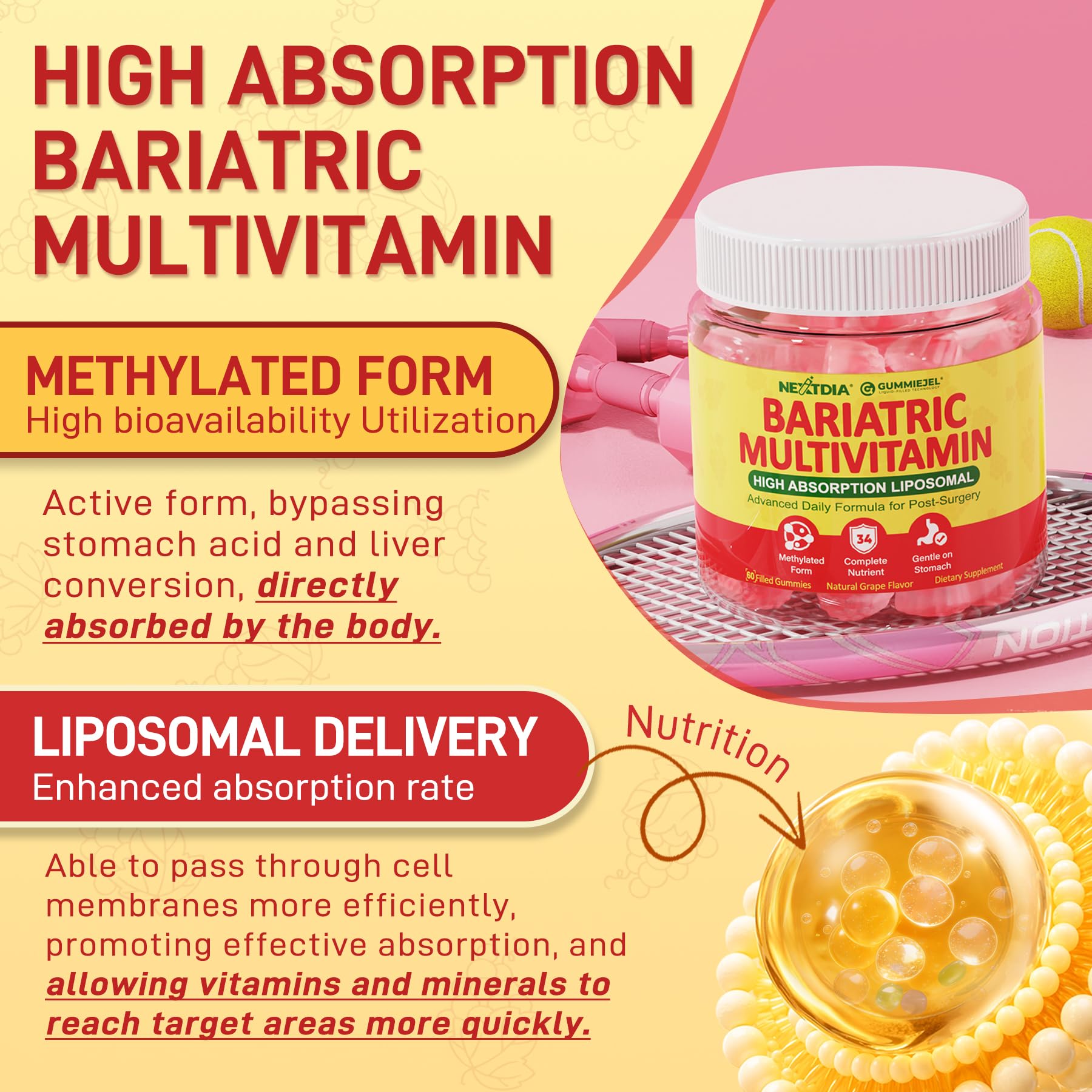 Liposomal Methylated Bariatric Multivitamin Gummies with Iron for Women & Men, High Absorption Multivitamin w/CoQ 10, Probiotic, Digestive Enzymes Support Gastric Bypass & Sleeve Recover, Energy,1Pack Nextdia Au supplements