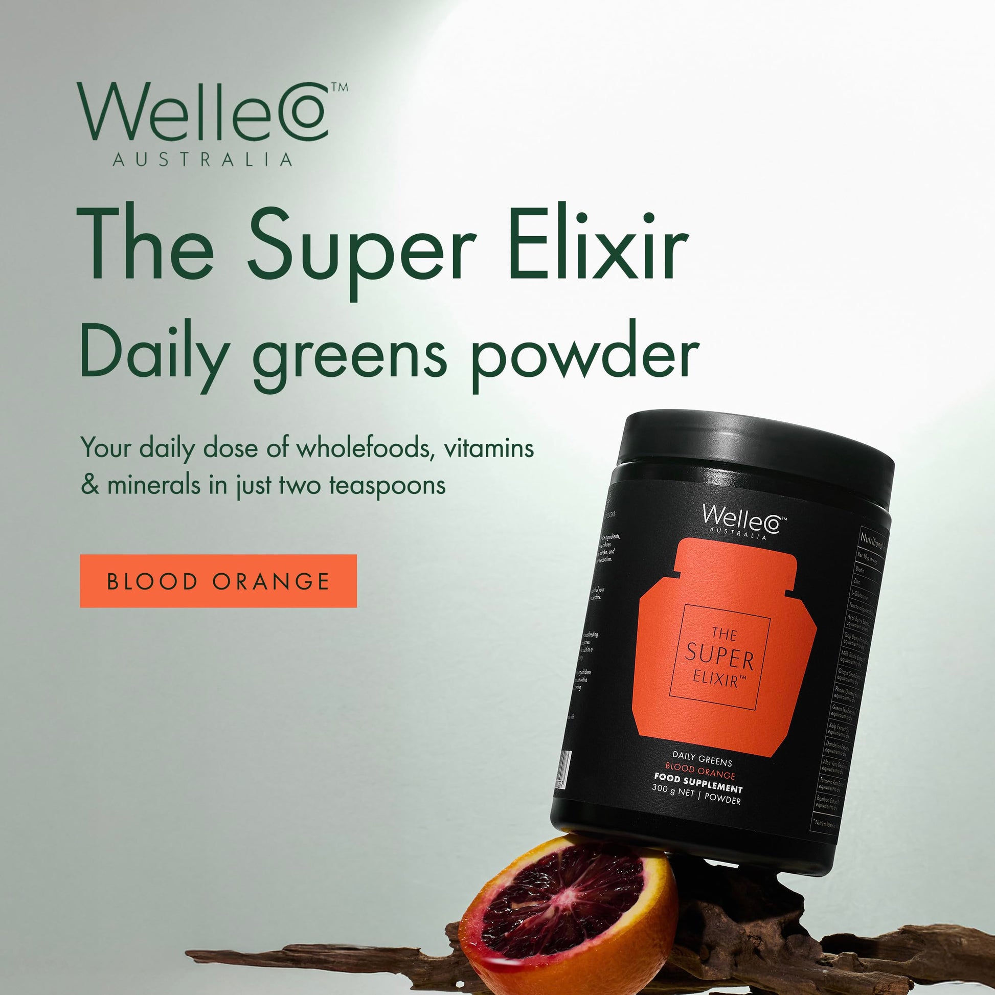 WelleCo The Super Elixir Daily Greens Powder, Probiotic Drink Mix with Whole Foods, Gluten Free, Vegan Gut Health Powder, Energy, Immunity, Healthy Skin, Hair & Nails (Jar, Blood Orange) WelleCo Au supplements