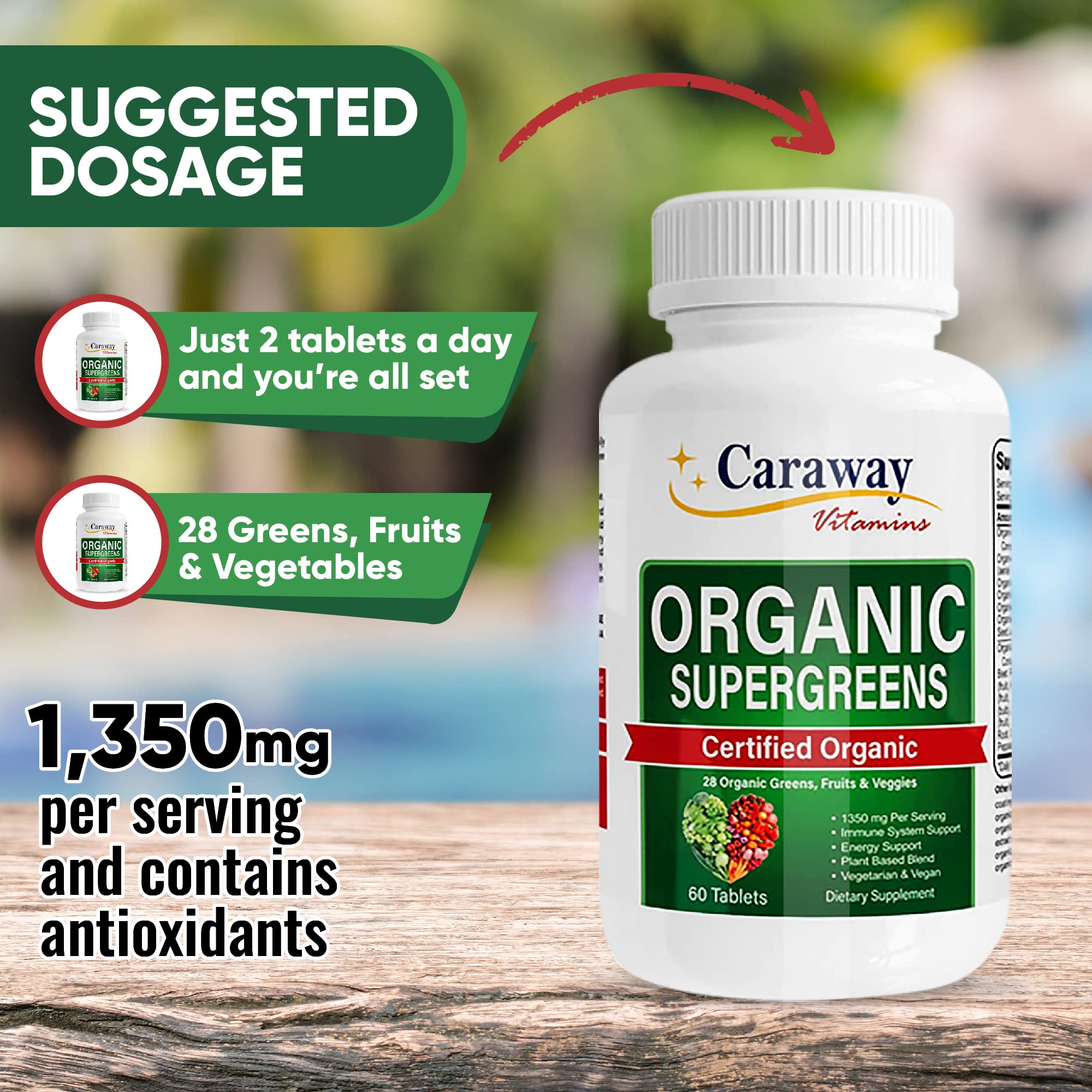 Organic Superfoods Vitamins Super Greens Complex by Caraway Vitamins 1,350 mg per Serving 28 Fruits Vegetables Greens 60 Count Tablets Non-GMO Natural for Men & Women Caraway Vitamins Au supplements