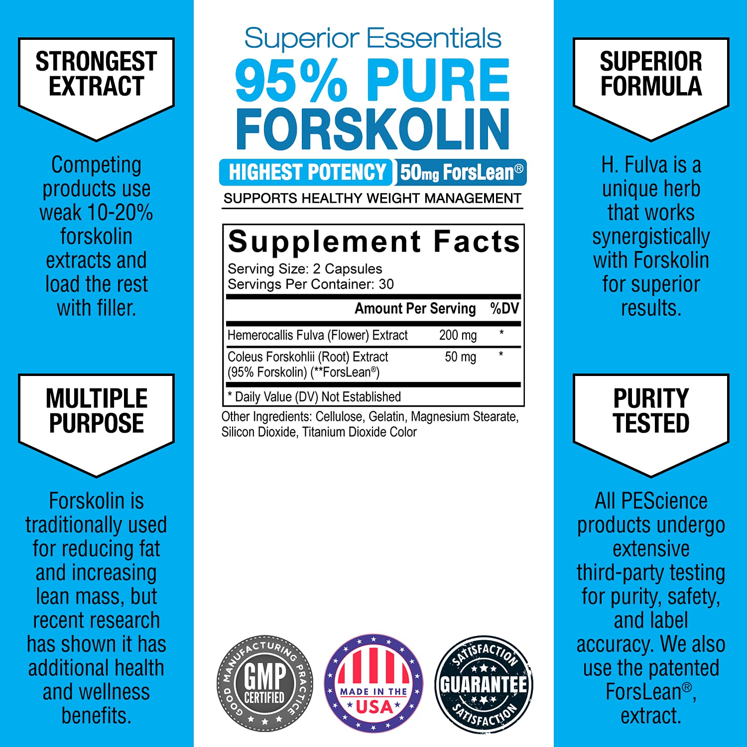 PEScience Forskolin-95+ Capsules, 95% Pure Forskolin from Coleus Forskohlii Extract with Hemerocallis Fulva Extract, Patented ForsLean, 50mg, 60 Count PEScience Au supplements