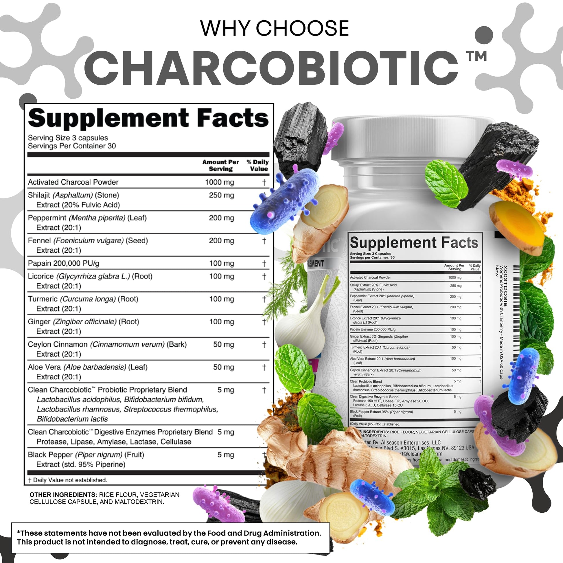 Clean Nutra Activated Charcoal Pills + Shilajit Probiotic Digestive Enzymes for Digestive Health Capsules with Peppermint Fennel Licorice Papain Ginger Turmeric Powder | Gut Health Clean Nutraceuticals Au supplements
