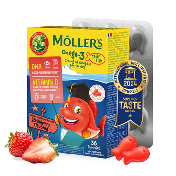MÖLLER'S Omega 3 Capsules, Natural Fish Oil Omega3 for Kids with DHA and EPA, No Gluten, Lactose or Added Sugar & Easy to Chew, Strawberry Flavor, 36 Capsules MÖLLER'S Au supplements