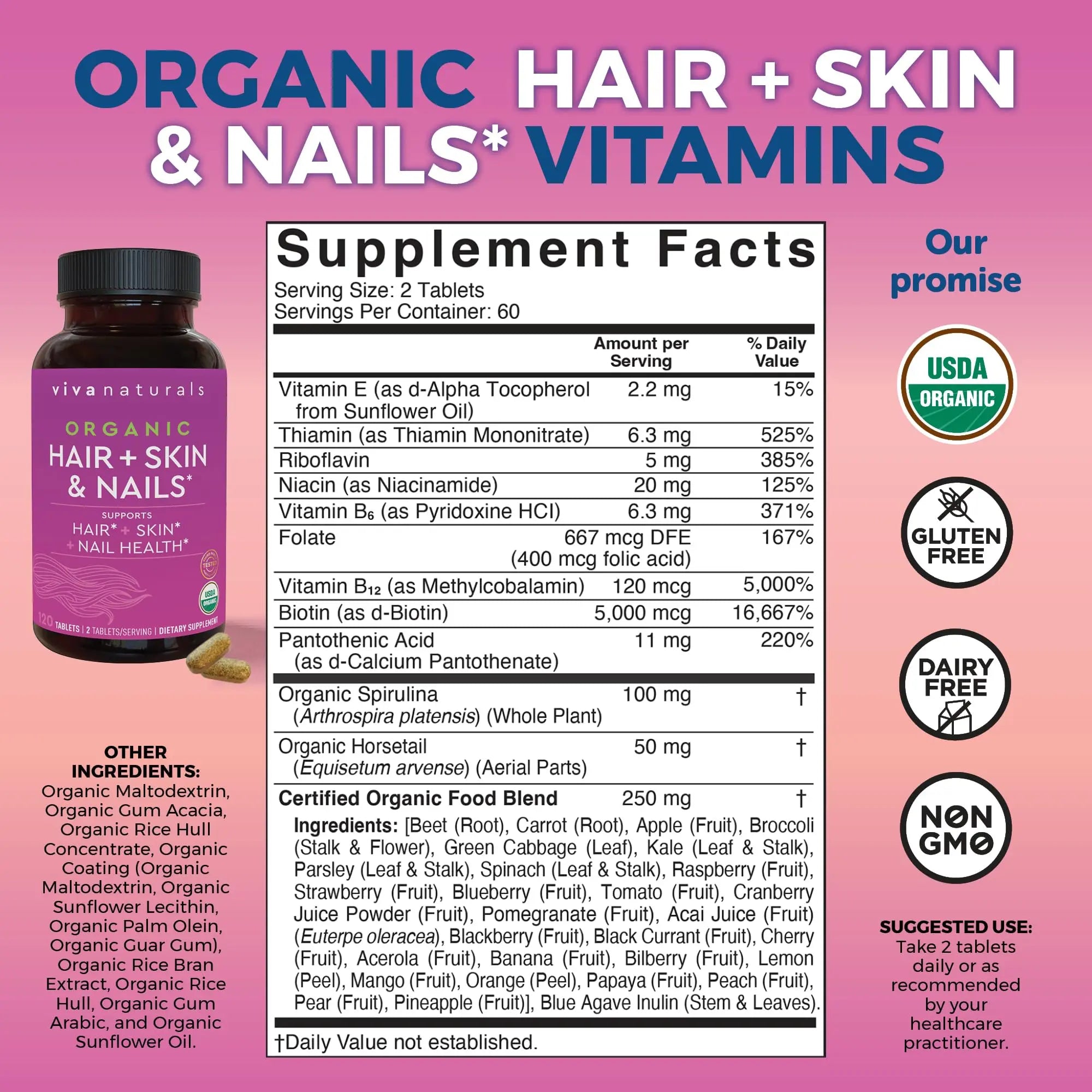 Biotin 5000 mcg Hair Skin Nails Vitamins for Women – Organic and Vegetarian-Friendly Supplement with Vitamin E, B-Vitamins, Spirulina Viva Naturals Au supplements