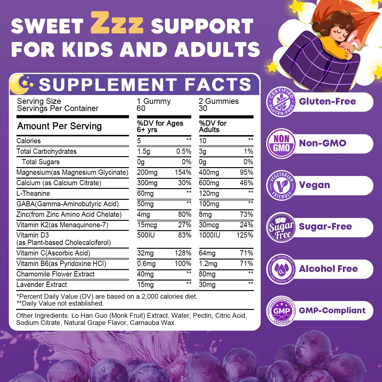 Sugar Free Magnesium Glycinate Gummies for Kids & Adults - Zzz Support, Relaxation & Cognition Support, 200/400mg Magnesium Gummies with L-Theanine, GABA, Calcium, B6, D3, C & K2, Grape Flavor, 60 Ct JIANKYTZ Au supplements