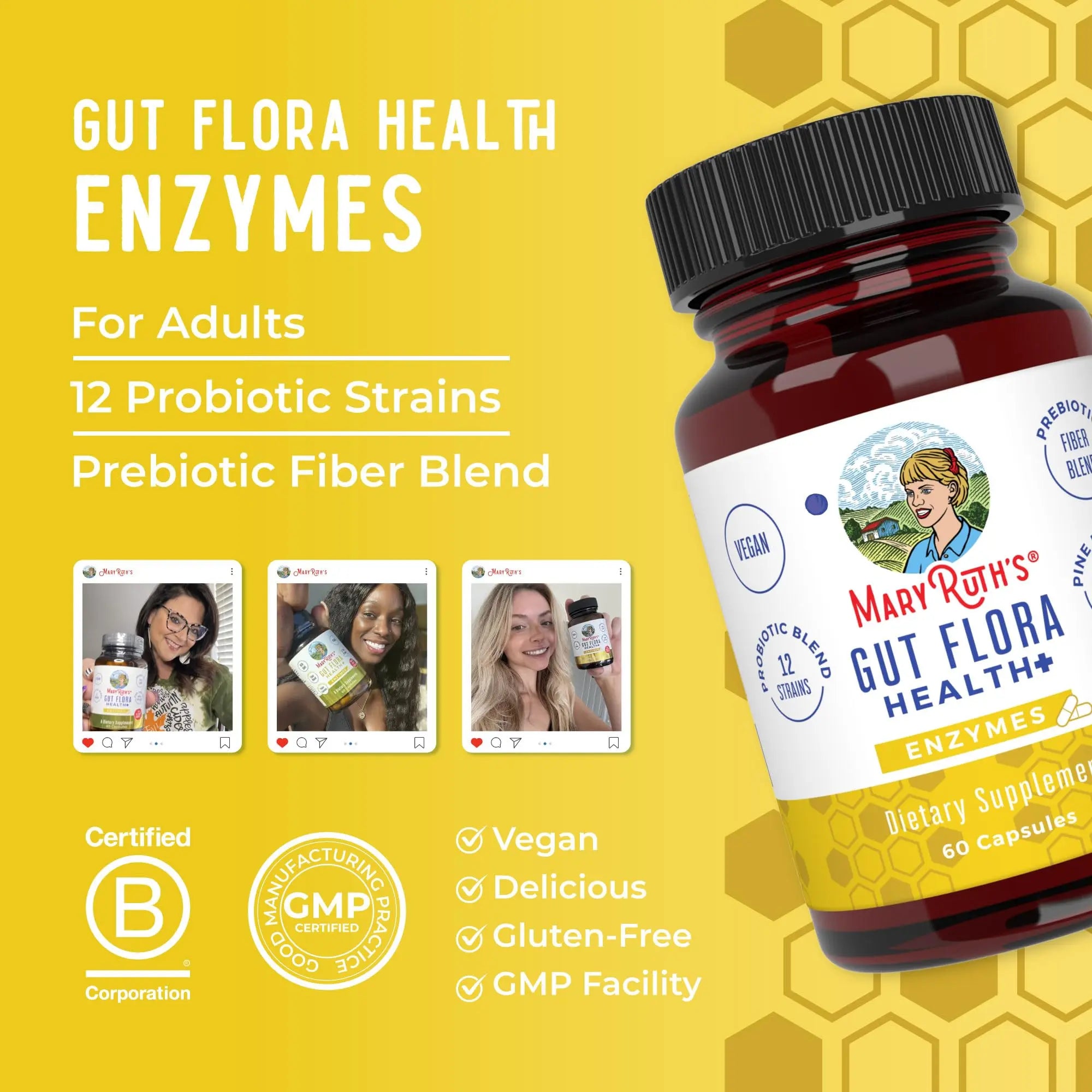 MaryRuth Organics Gut Flora Health+ Enzymes | Up to 2 Month Supply | Prebiotic Probiotic Digestive Enzymes Blend for Healthy Gut Biome & Digestive Support | Gastrointestinal Health | 60 Capsules MARYRUTH'S Au supplements