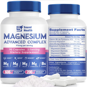 5 in 1 Magnesium Complex Capsule 976mg wtih Magnesium Glycinate, Citrate, Malate, L-Threonate & Vitamin B6, High Absorption Magnesium Complex for Women & Men, Third-Party Tested, Vegan, Non-GMO Sound Health Plus Au supplements