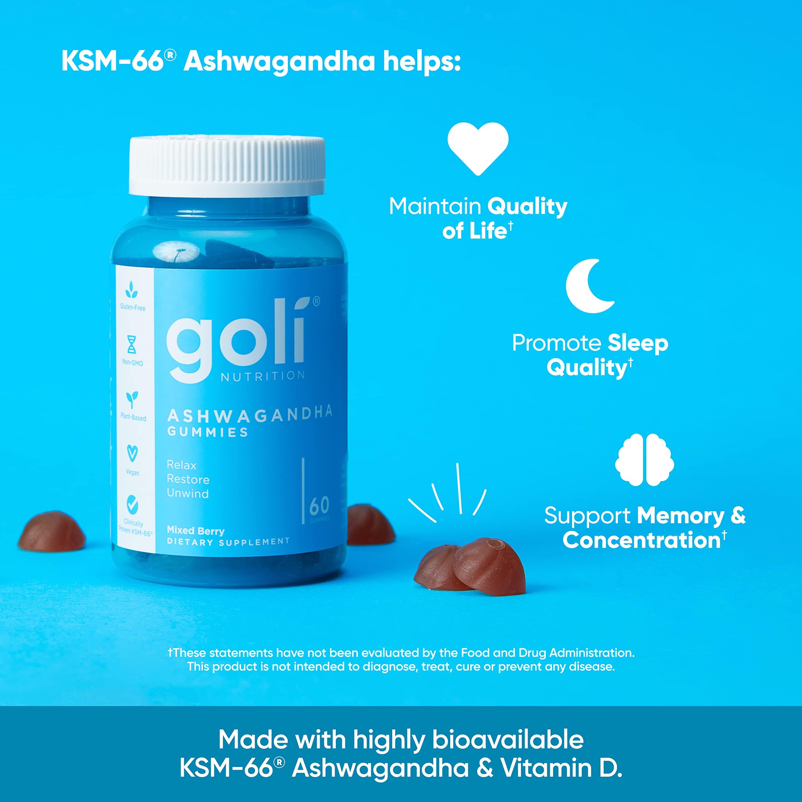 Goli Ashwagandha & Vitamin D Gummy - 60 Count - Mixed Berry, KSM-66, Vegan, Plant Based, Non-GMO, Gluten-Free & Gelatin Free Relax. Restore. Unwind, Pack of 1 Goli Au supplements