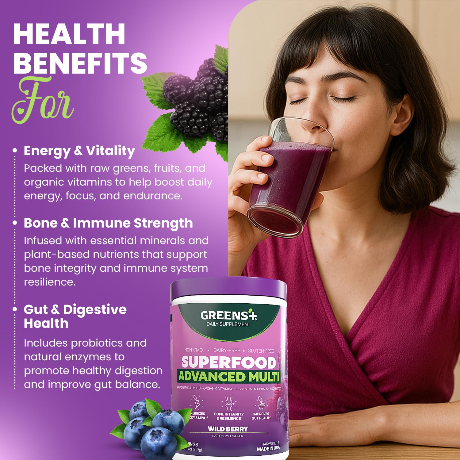 Greens+ Advanced Multi Wild Berry Superfood Powder, Organic Blend, Vegan, Non-GMO, Soy-Free, Dairy-Free, Gluten-Free, Dietary Supplement with Vitamins & Minerals, 9.4 oz Greens+ Au supplements
