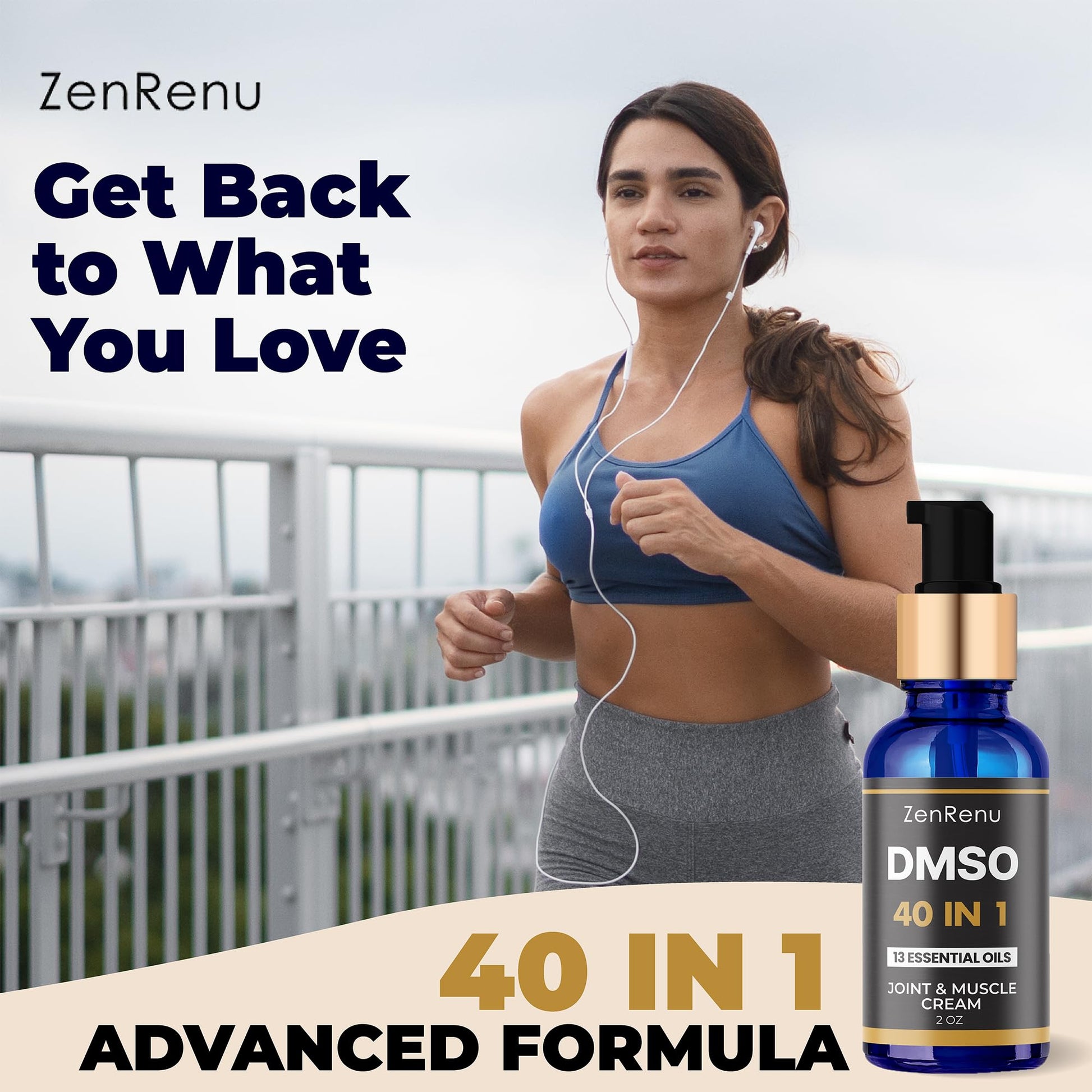 Zenrenu DMSO Cream 99.995% Pure Pharmaceutical Grade - 40-in-1 Advanced Formula -12 Essential Oils, Arnica, Aloe Vera, MSM - Fast-Absorbing Cream – 2 oz Glass Pump Bottle – Made in USA Zenrenu Au supplements