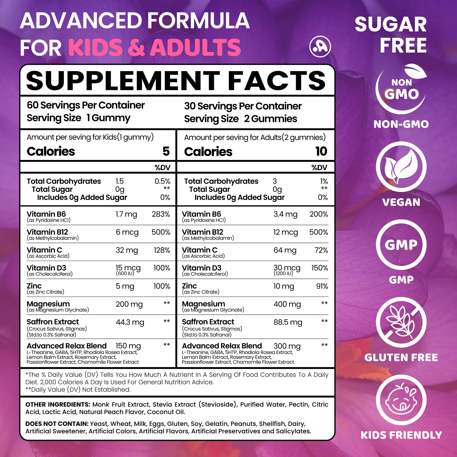 Saffron Gummies for Kids Adults 88.5mg, 15-in-1 Saffron Supplements for Kids, with B6, B12, C, D3, Magnesium Glycinate, Zinc for Nerve, Rest, Focus, Sugar Free, Vegan, Non- GMO, Peach Flavor, 60 Count Aube'Azur Au supplements