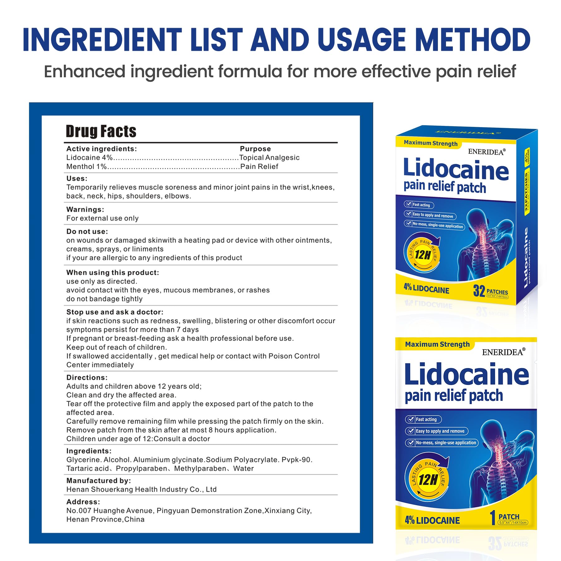 ENERIDEA Lidocaine Gel Pain Relief Patch for Sensitive Skin - Breathable & Hypoallergenic, Flexible Adhesion for Daily Muscle & Joint Comfort - 12 Hour Pain Relief (32 Patches) ENERIDEA Au supplements