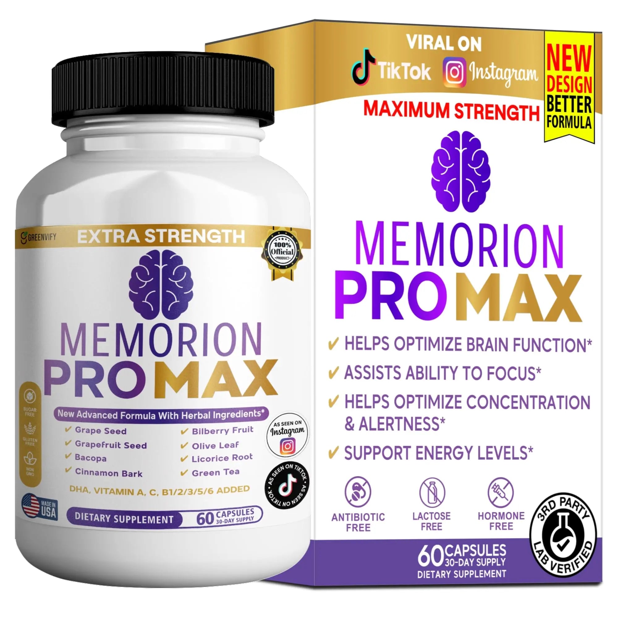 GREENVIFY Memorion Pro Max Extra Strength Brain Support Supplement, 60 Capsules, with DHA, Vitamins, Herbal Blend, 30-Day Supply (1) GREENVIFY Au supplements