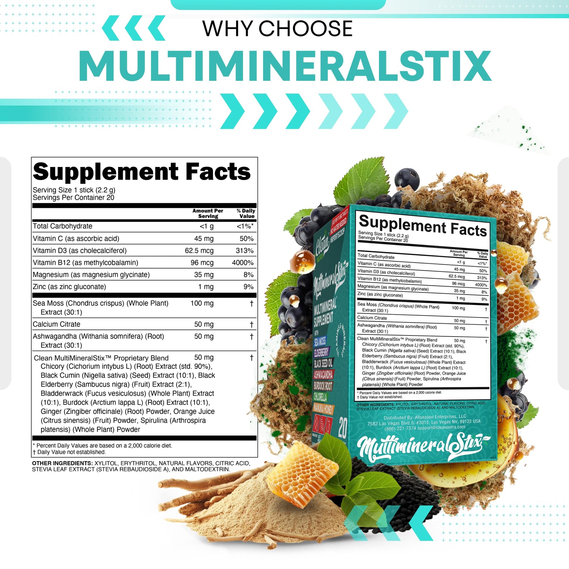 Sea Moss Powder Elderberry Ashwagandha Chlorella Manuka Honey VitaminD3 Vitamin C Zinc Spirulina Iodine Greens Detox Immune Support Sugar Free Hydration Powder Drink Mix – 20 Sticks Clean Nutraceuticals Au supplements