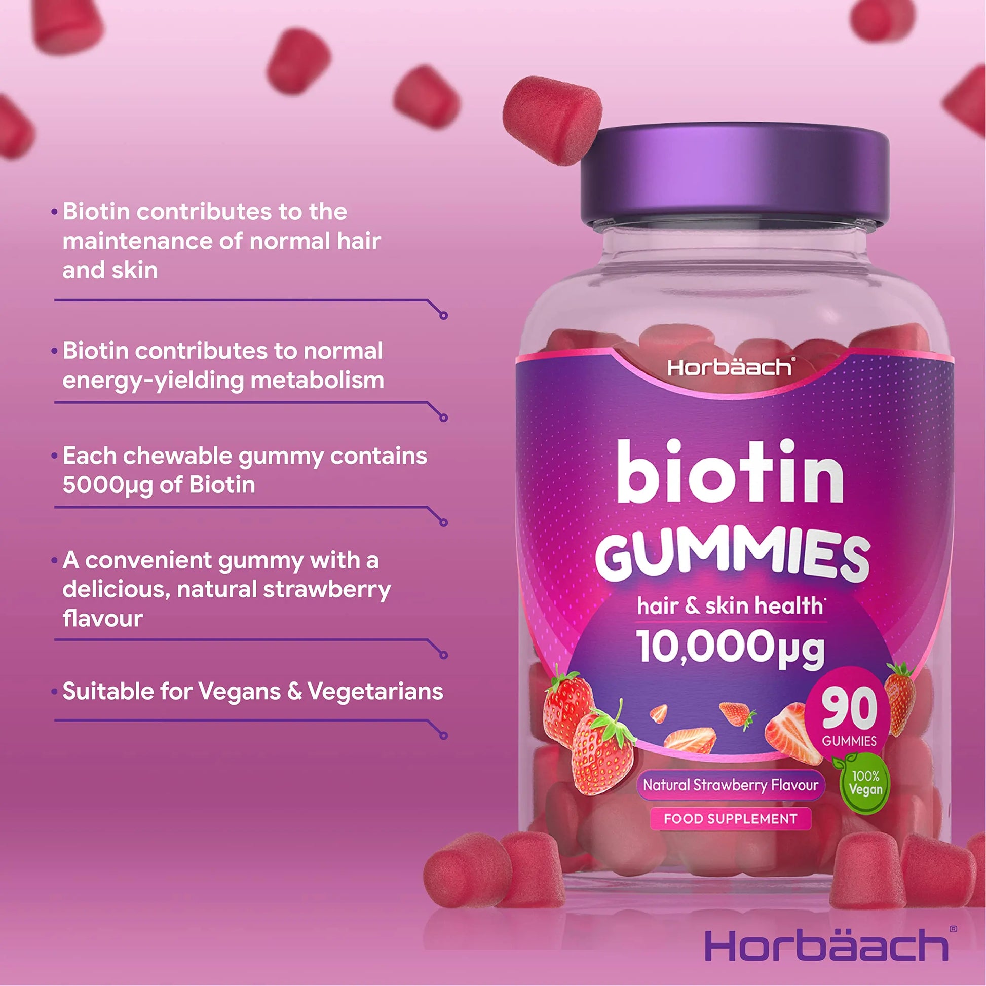 Biotin Gummies 10,000mcg | 90 Vegan Vitamins | Natural Strawberry Flavour Horbäach Au supplements