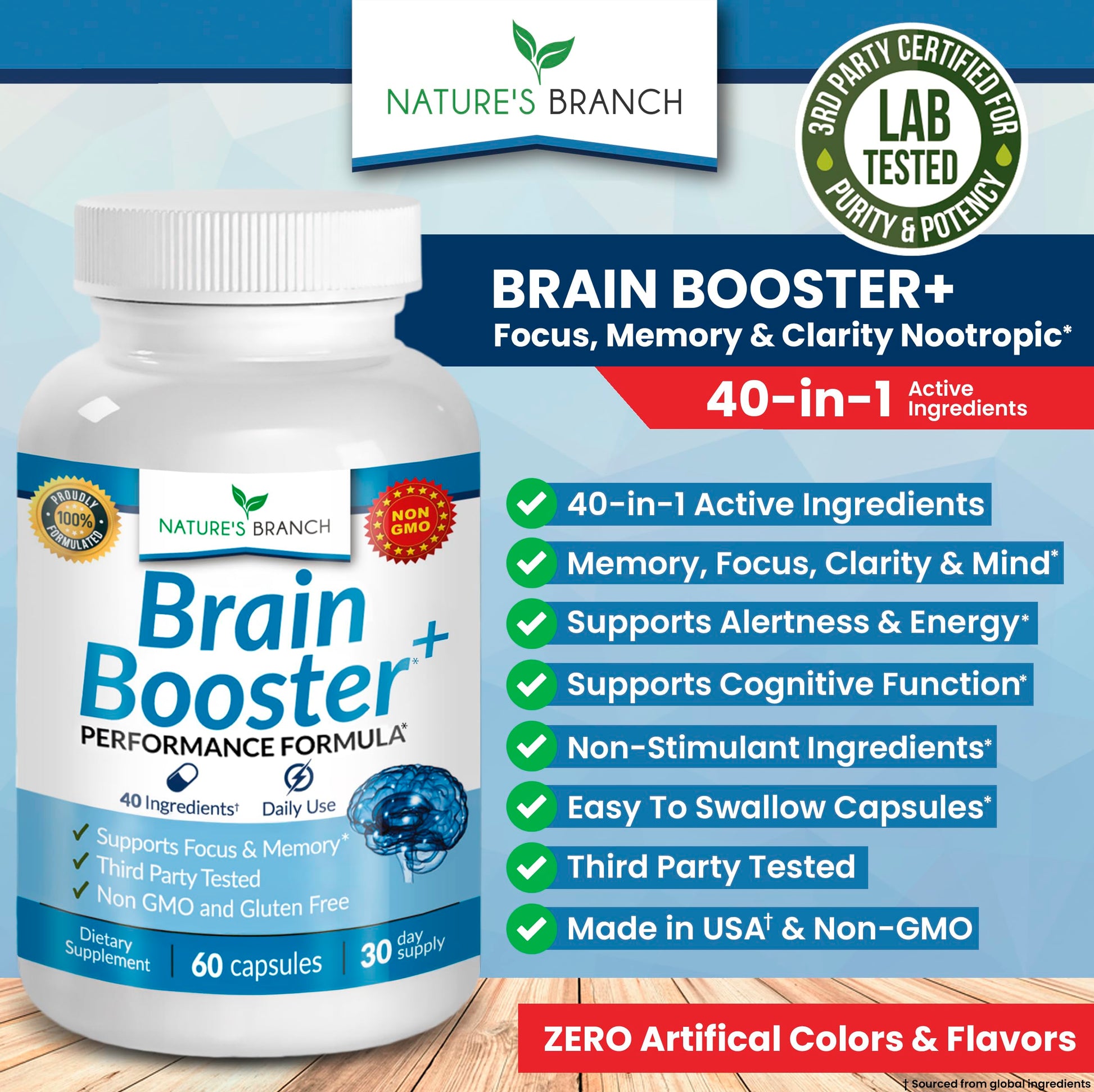 40-in-1 Brain Booster Supplement for Focus, Memory, Clarity, Energy | Advanced Vitamins Plus eBook | for Men & Women, Cognitive Function Nootropic Support with DMAE, Mind Health Formula | 60 Capsules NATURE'S BRANCH Au supplements
