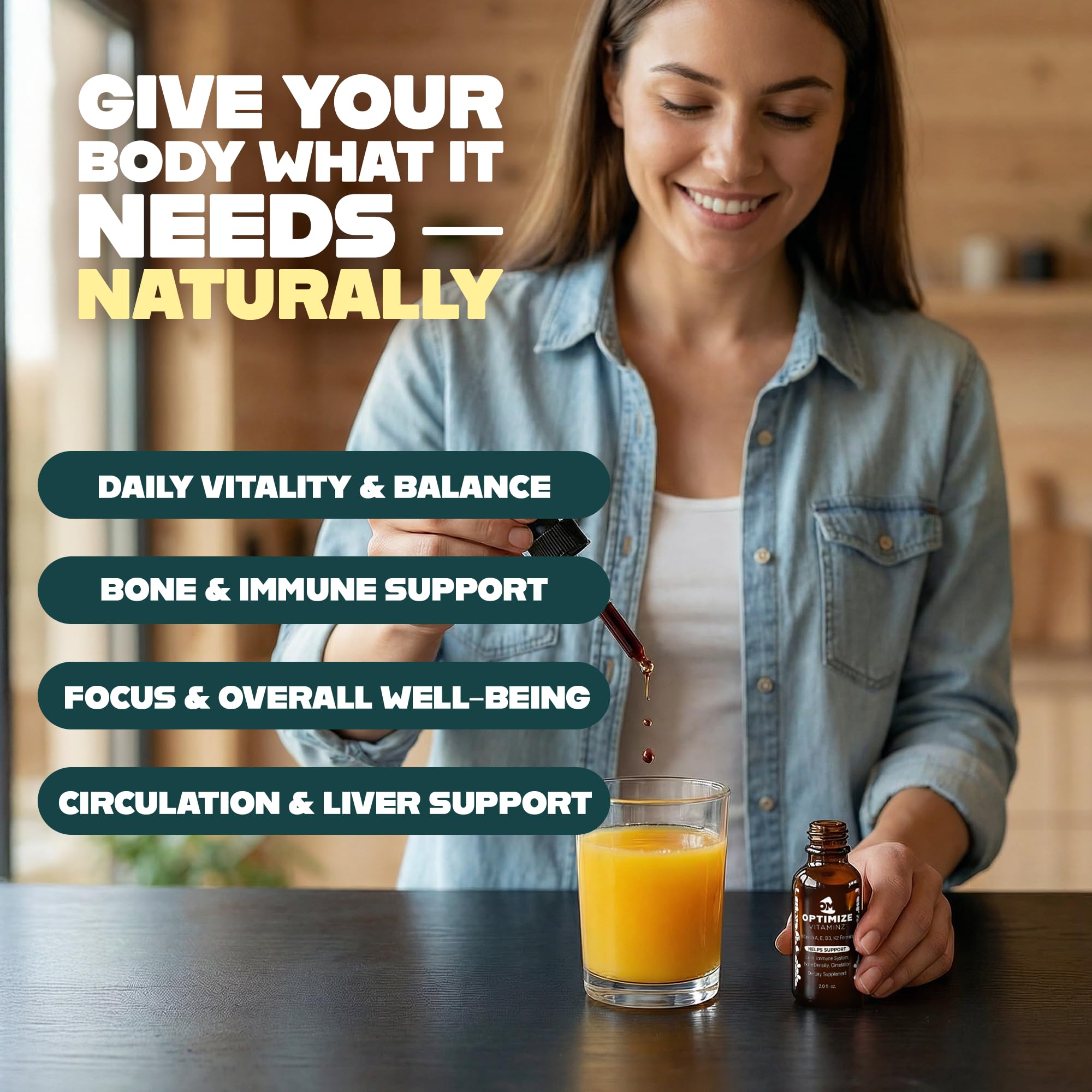 Optimize Vitaminz Liquid Vitamin D3 K2 Drops with Dandelion Root & Bilberry | Immune, Liver & Bone Support, MK-7 Formula, Fast Absorption Liquid Multivitamin, 30 Day Supply, 2 Fl Oz Optimize Minerals Au supplements