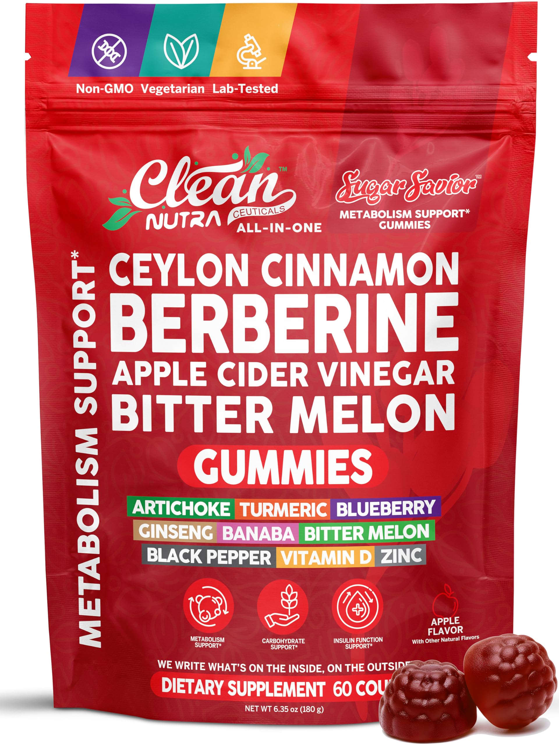 Sugar Savior Ceylon Cinnamon Berberine Gummies Apple Cider Vinegar Artichoke Turmeric Blueberry Ginseng Banaba Bitter Melon Black Pepper Vitamin D Zinc GLP1 Gummies 60 Count by Clean Nutra Clean Nutraceuticals Au supplements