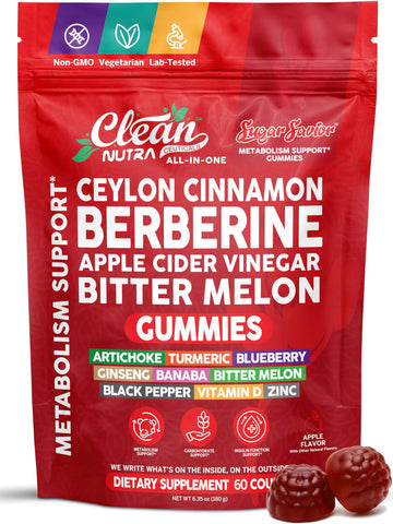 Sugar Savior Ceylon Cinnamon Berberine Gummies Apple Cider Vinegar Artichoke Turmeric Blueberry Ginseng Banaba Bitter Melon Black Pepper Vitamin D Zinc GLP1 Gummies 60 Count by Clean Nutra Clean Nutraceuticals Au supplements