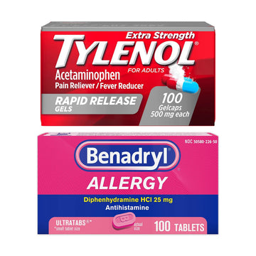 Benadryl Ultratabs Antihistamine Allergy Relief Tablets with 25 mg Diphenhydramine HCl, 100 ct and Tylenol Extra Strength Pain Reliever Rapid Release Gels with 500 mg Acetaminophen, 100 ct Tylenol Au supplements
