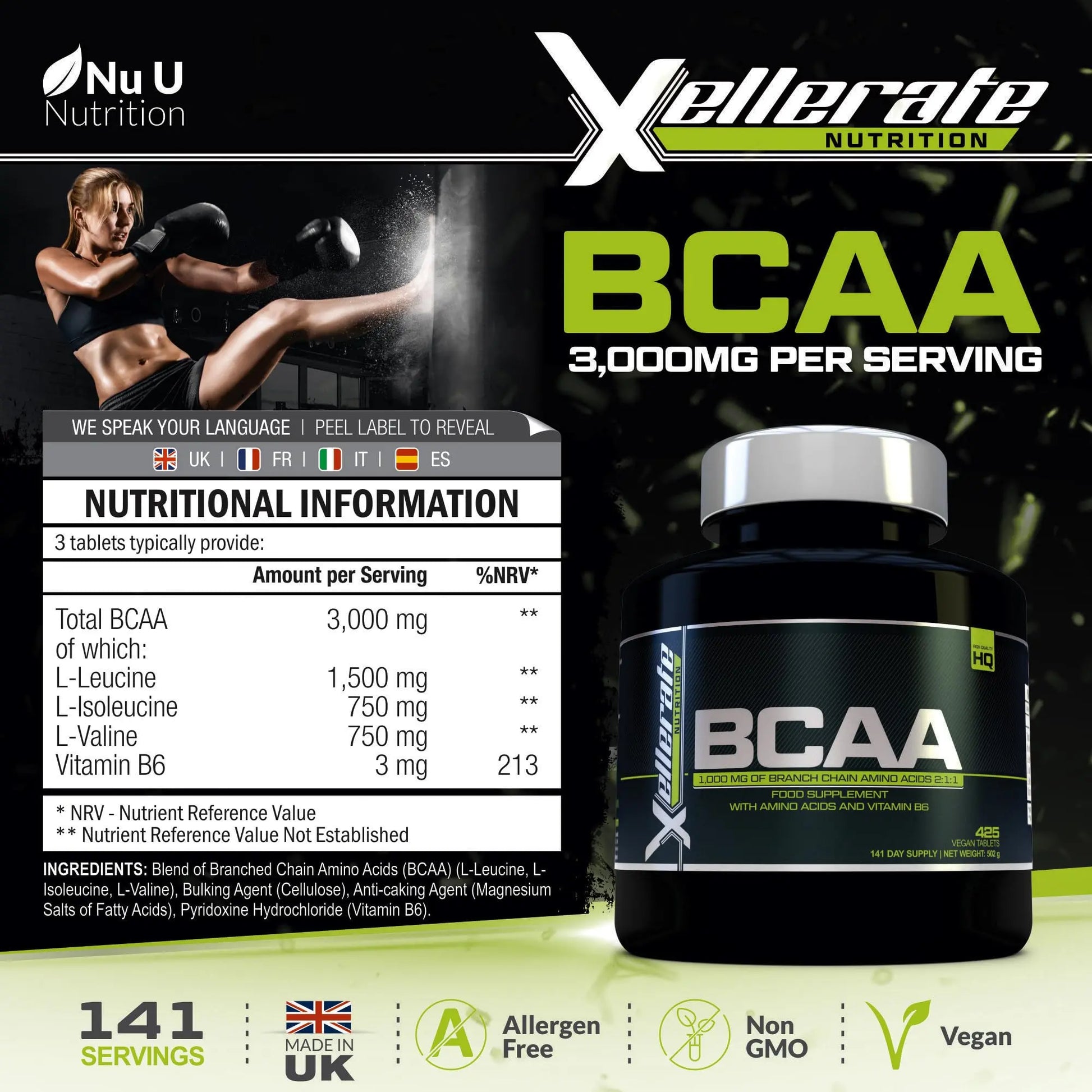 BCAA 1000mg - 425 Vegan Tablets - 3000mg Daily Serving - 141 Day Supply - 2:1:1 BCAAs Xellerate NUTRITION Au supplements