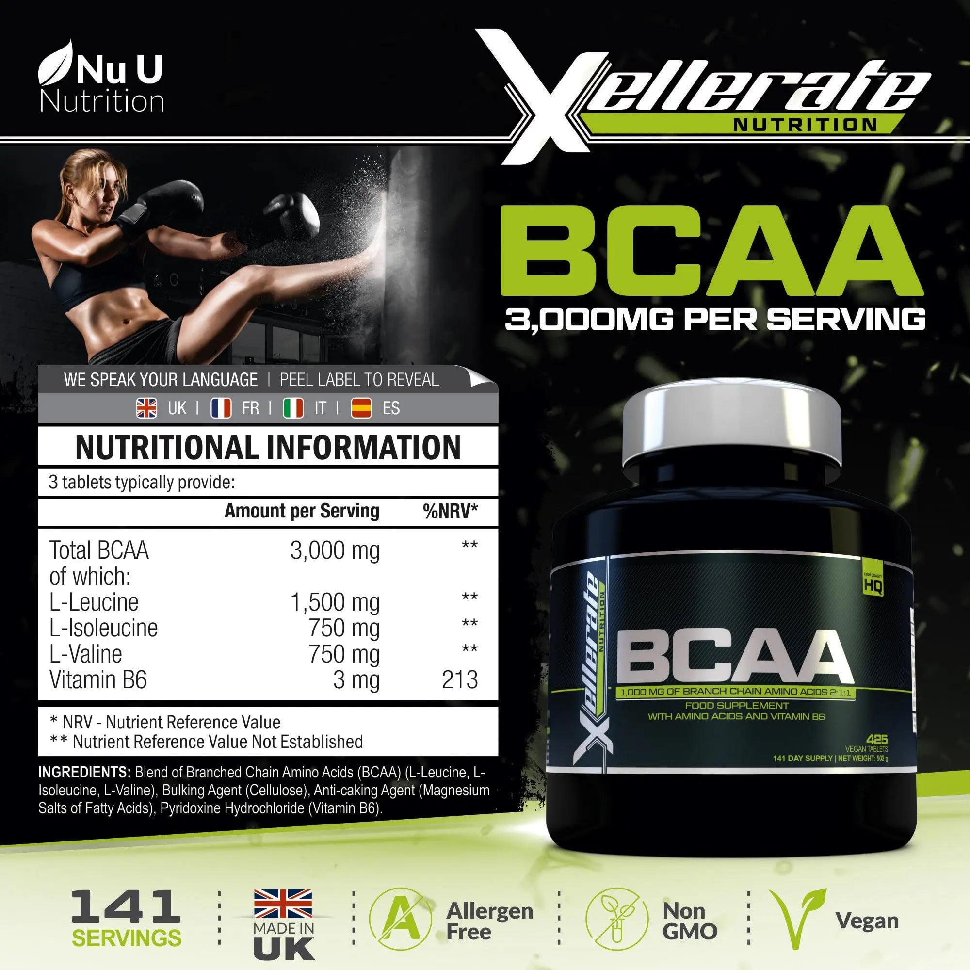 BCAA 1000mg - 425 Vegan Tablets - 3000mg Daily Serving - 141 Day Supply - 2:1:1 BCAAs Xellerate NUTRITION Au supplements