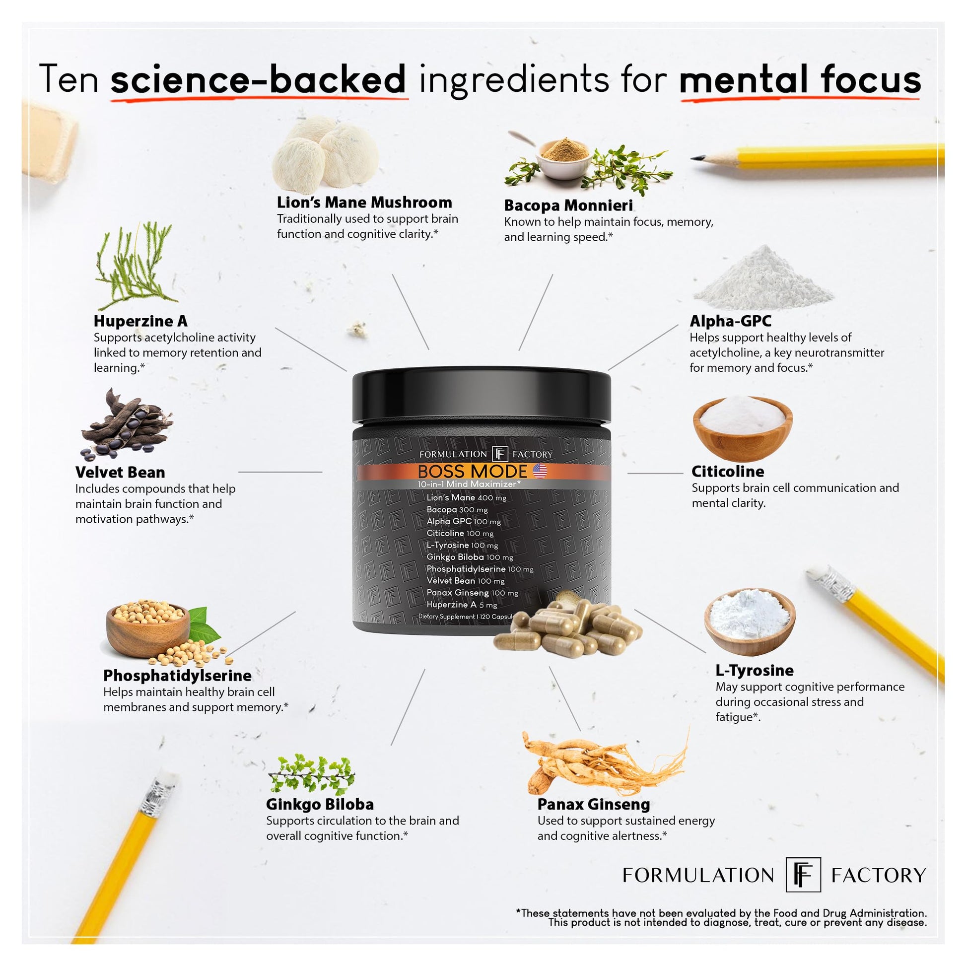 Formulation Factory Nootropic Brain Supplement - Boss Mode Focus & Memory Complex with Lion's Mane, Alpha GPC & Bacopa - Cognitive Support - 120 Capsules, 2 Month Supply Formulation Factory Au supplements