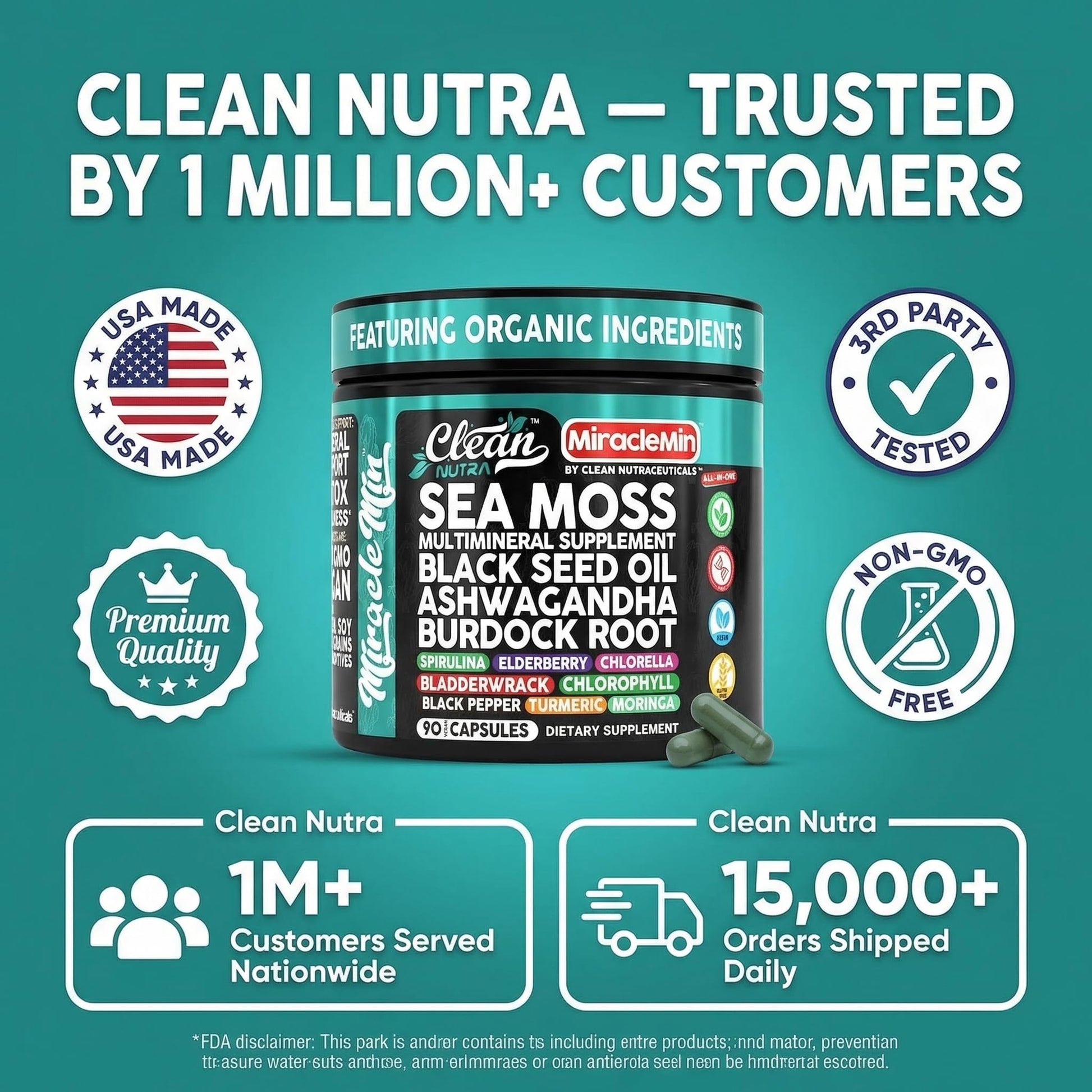 Clean Nutra Organic Sea Moss Capsules with Ashwagandha, Black Seed Oil, Burdock Root, Bladderwrack, Moringa, Chlorella, Spirulina, Turmeric, Elderberry, Amla – 90 Vegan Capsules – MiracleMin Clean Nutraceuticals Au supplements