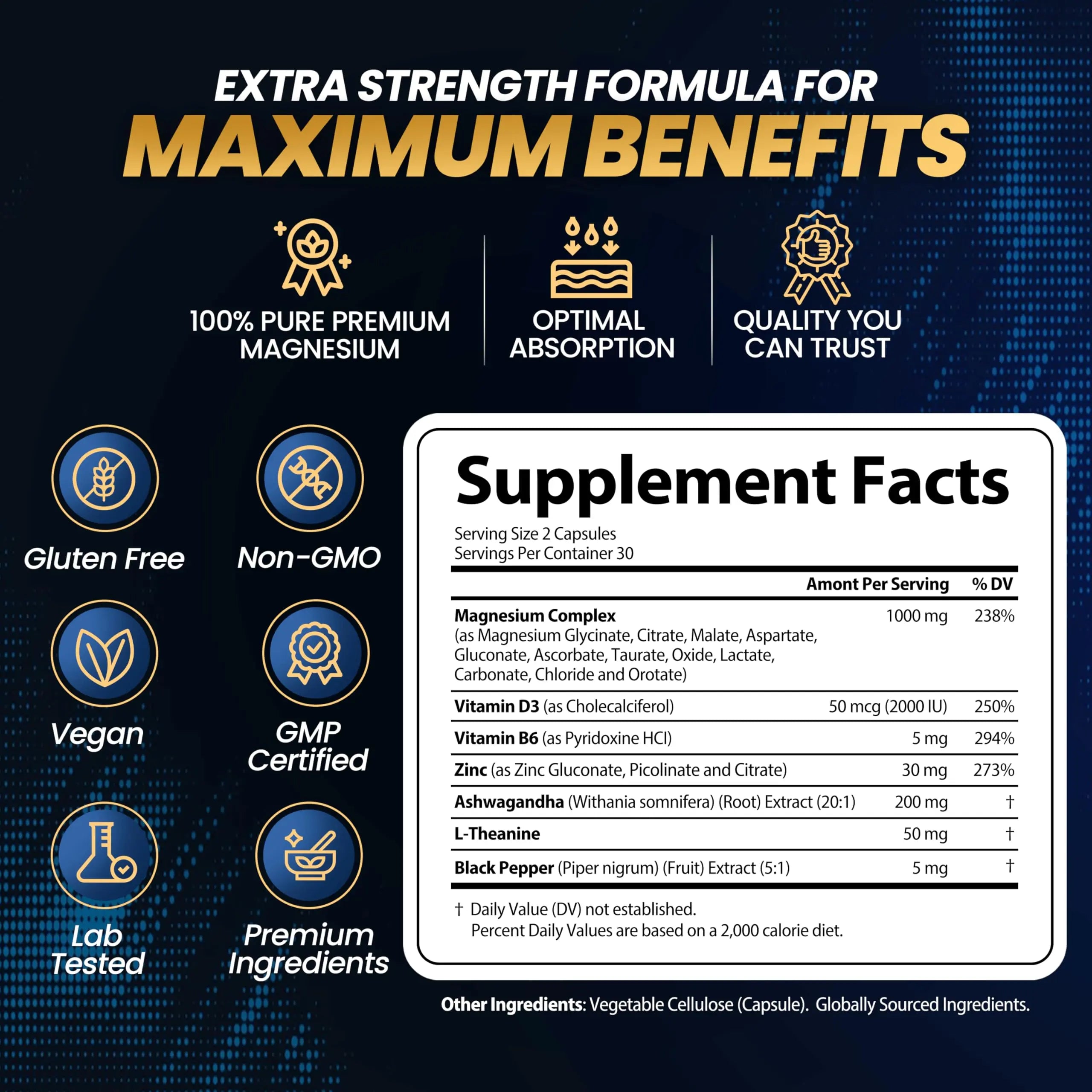 1000mg Magnesium Complex for Women and Men, 12 in 1 Magnesium Supplement with Ashwagandha, Zinc, D3, L-theanine. Easy to Swallow, High Absorption, Sleep Support & Stress Relief (60 Capsules) StrongVit Au supplements