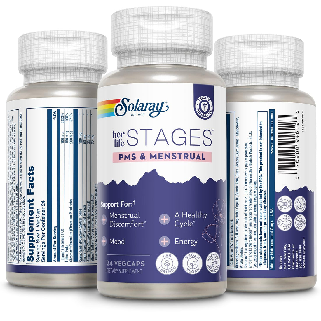 Solaray PMS & Menstrual her life STAGES - PMS Support Supplement for Women with Cramp Bark, Vitex Chasteberry - Made Without Hormones - 60-Day Guarantee - Vegan, Lab Verified - 24 Servings, 24 VegCaps SOLARAY Au supplements