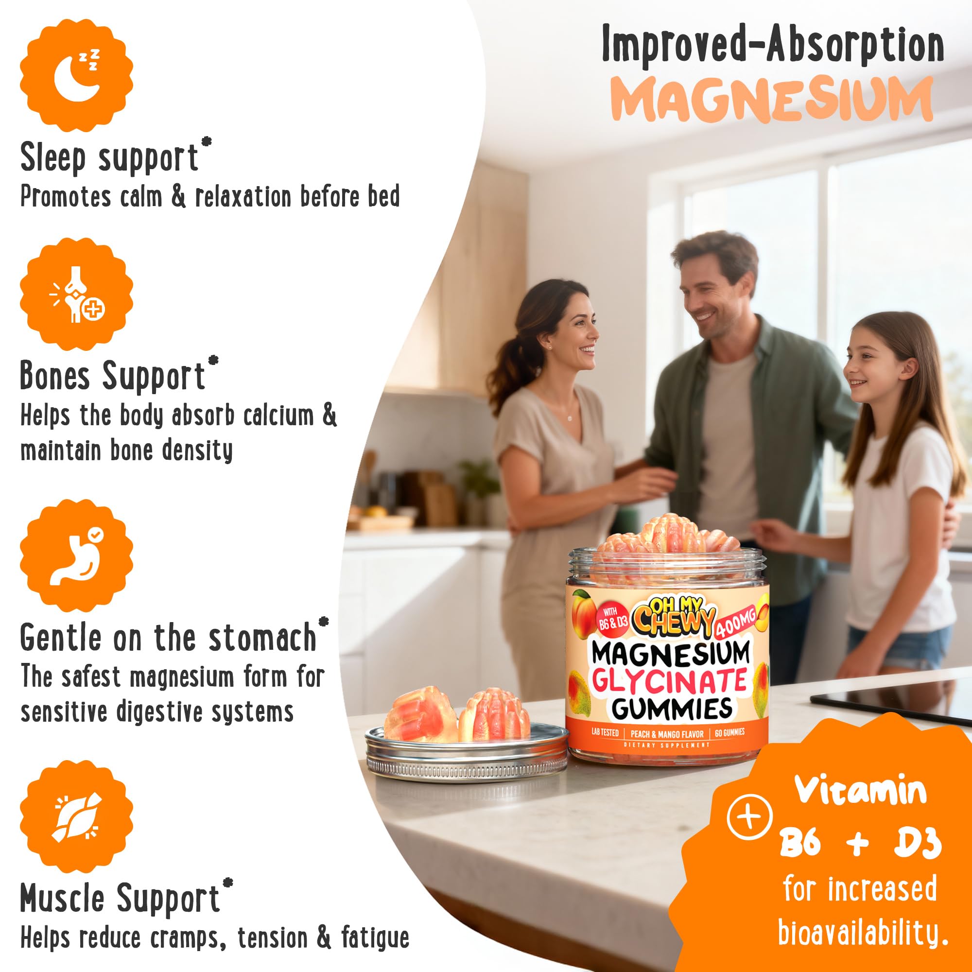 Center-Filled Magnesium Glycinate Gummies 400MG - High Absorption for Kids, Teens & Adults - Supplement for Sleep, Calm & Muscle Relaxation with B6 & D3 - Gluten Free & Vegan Friendly - 60 Count OH MY CHEWY Au supplements