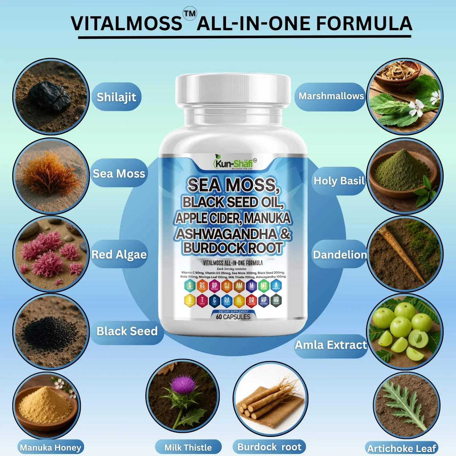 Kun Shafi Sea Moss Complex – with Black Seed Oil, Shilajit, Amla, Moringa, Turmeric, Ashwagandha & Burdock – Enriched with Vitamin C, D3, Chlorophyll, Manuka & Ginger – 60 Capsules Kun Shafi Au supplements