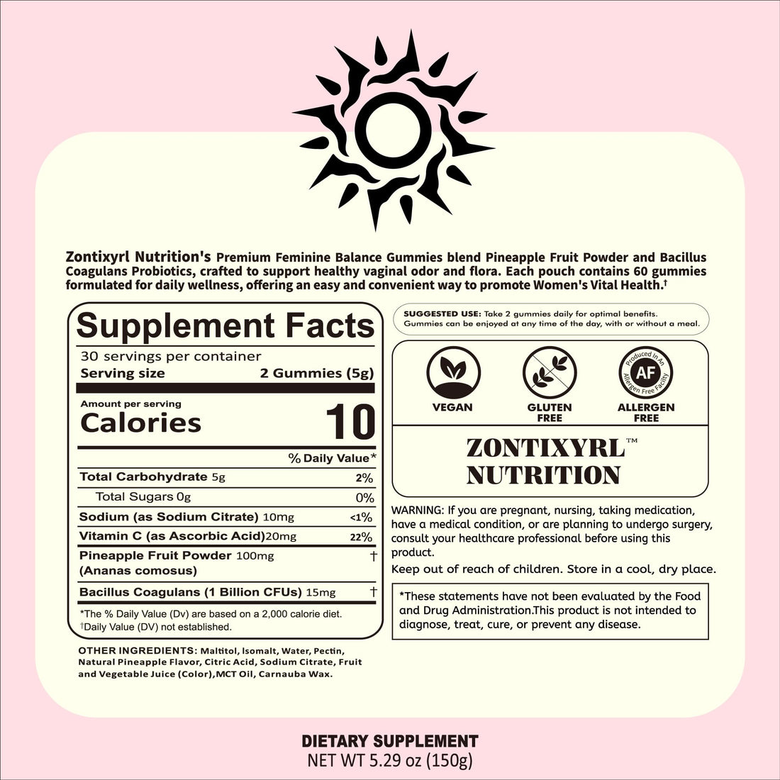 Zontixyrl Premium Feminine Balance Gummies Women - Pineapple Gummies for Women pH Probiotic and Immune Support Vegan Gluten Free 60 Gummies 30 Servings Zontixyrl Au supplements