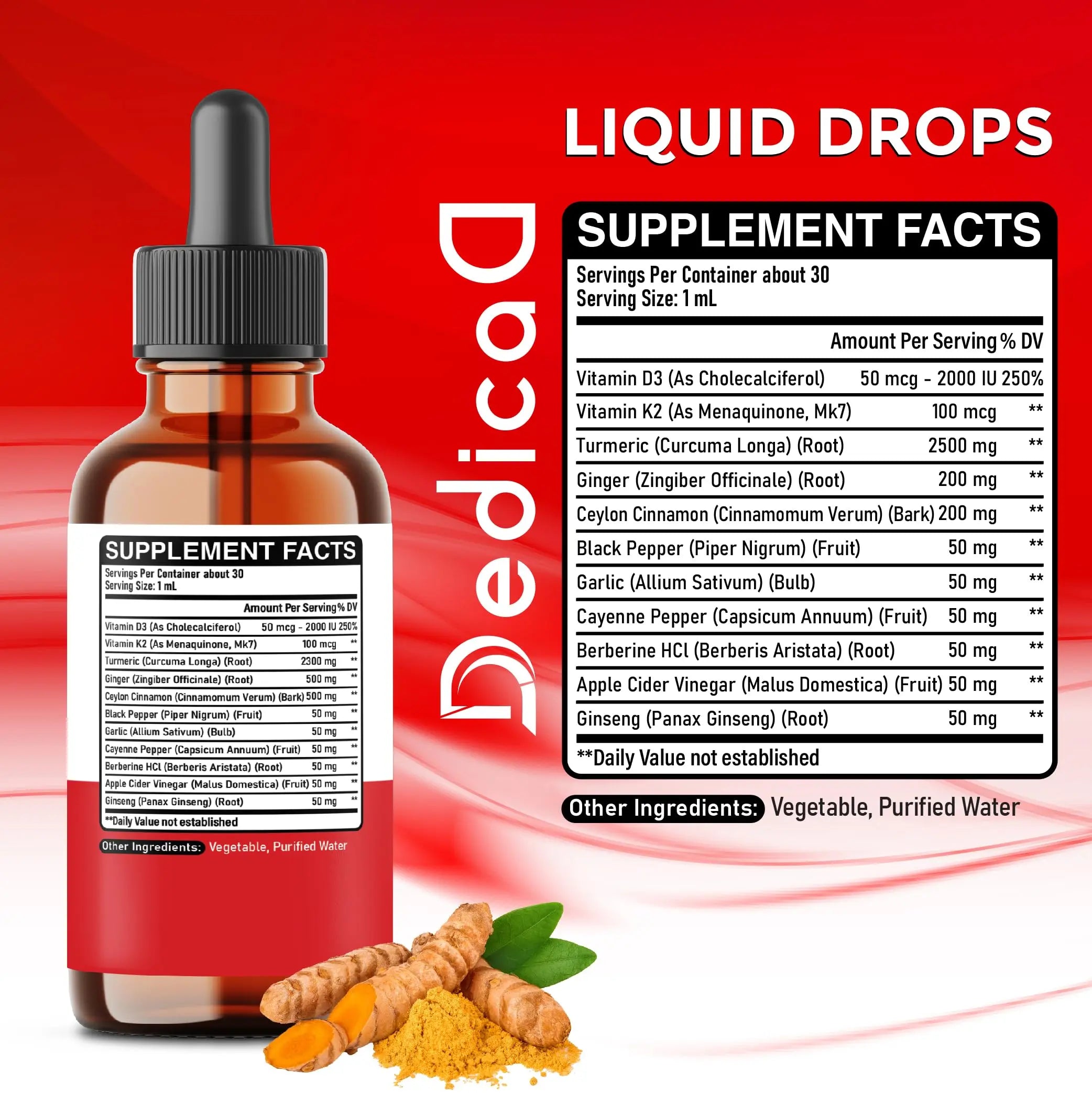 11in1 Turmeric Supplement for Health Heart & Wellness Support – with Ginger, Garlic, Ceylon Cinnamon, Berberine, Ginseng, Apple Cider Vinegar – 30ml Liquid Drops – 60 Servings DEDICAD Au supplements