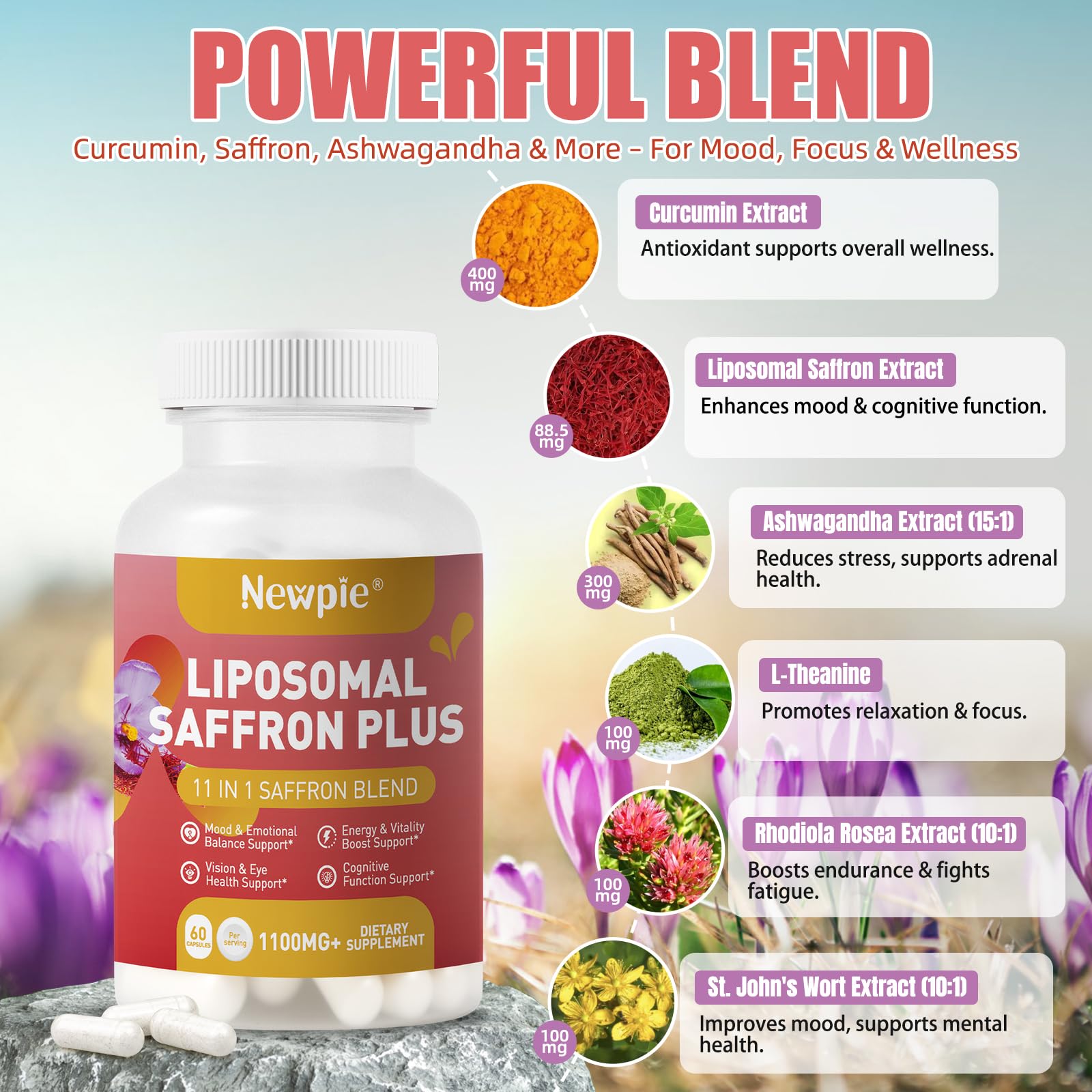 Newpie Saffron Supplements - 100% Pure Saffron Extract Capsules - Natural Mood Enhancer, Supports Eye & Heart Health, Boosts Energy - Premium Supplement for Women & Men（60 Servings (1) Newpie Au supplements