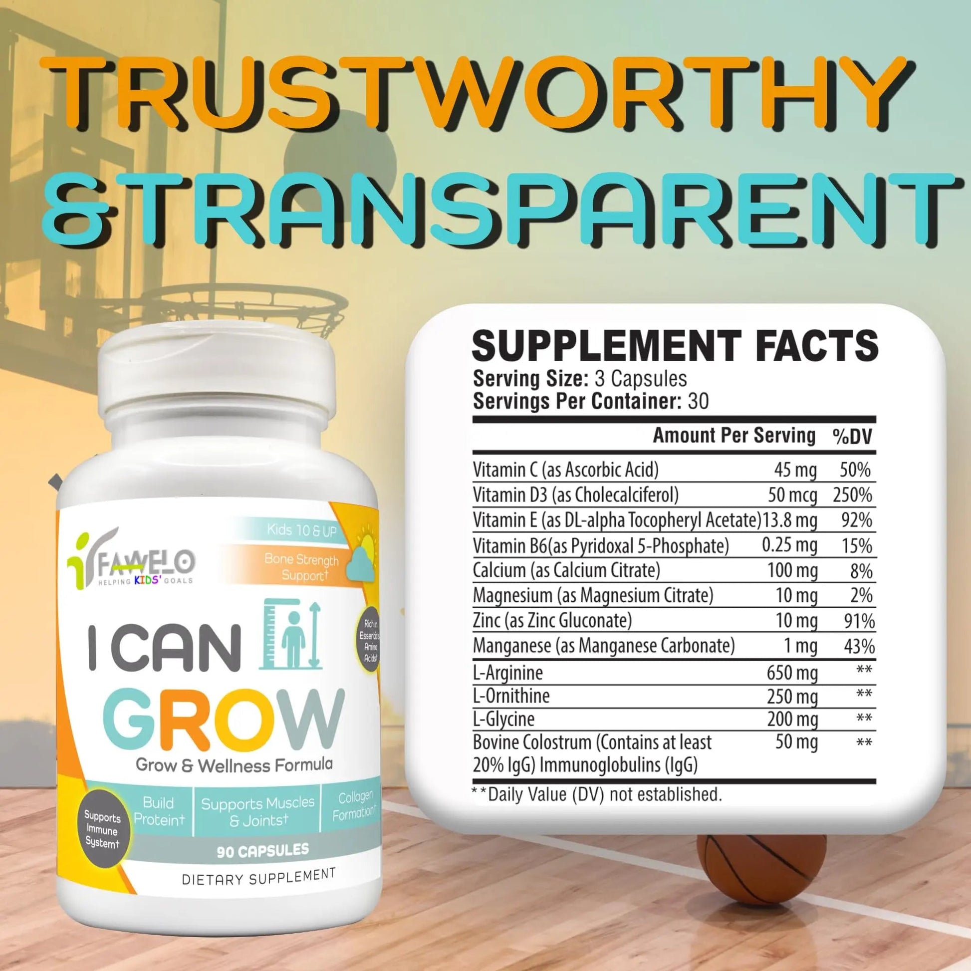 Fawelo I Can Grow Day-Time for Kids 10+ & Teens | Growth & Development Support with L-Arginine, Colostrum, Calcium, D3, Magnesium, Zinc | Fawelo Au supplements