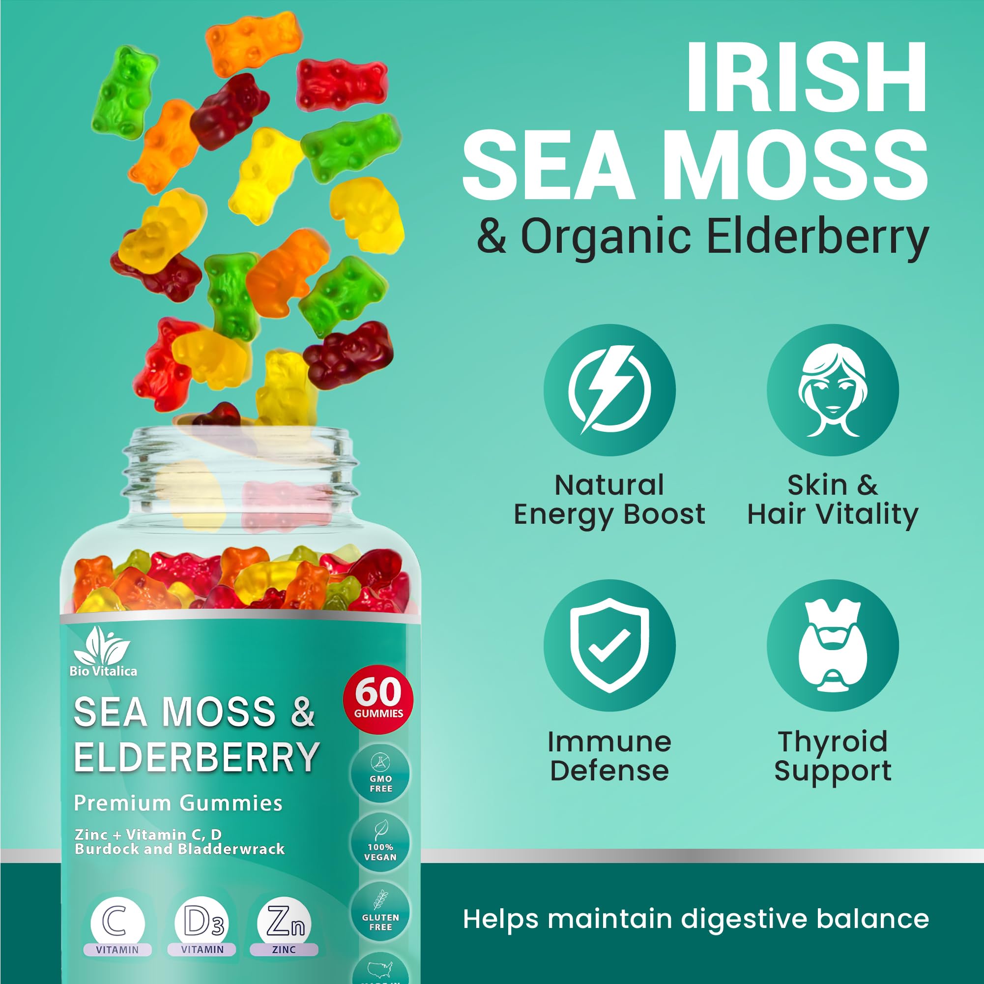 BIO VITALICA Irish Sea Moss Gummies with Elderberry – USA Made Vegan Gummies with Vitamin C, D & Zinc – Immune Support Supplement with Bladderwrack & Burdock Root for Adults & Kids – 3 Packs BIO VITALICA Au supplements