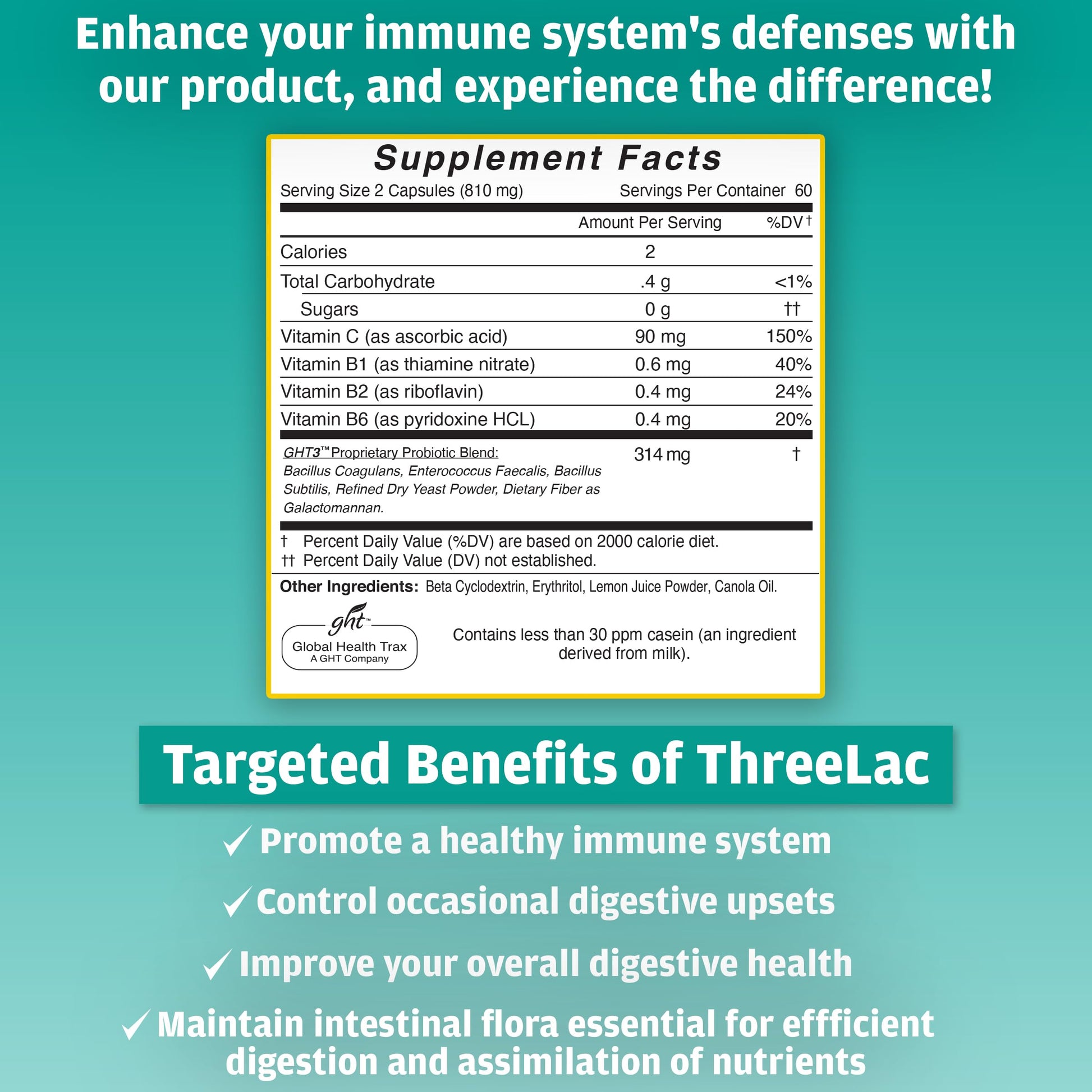 Global Health Trax GHT - ThreeLac Probiotic Capsules, 480 Count - Comprehensive Digestive Support for Men, Women, and Children - Immune System and Gut Balance, Non-GMO ght Global Health Trax Au supplements
